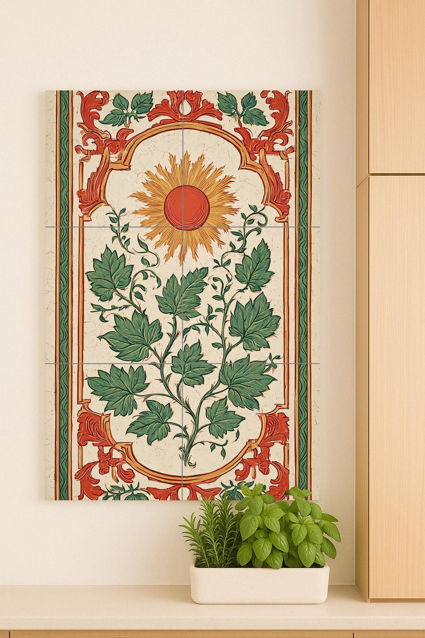 Solar ornament: Modernist ceramic mural with solar motif and green foliage, Catalan Renaissance tile artwork in harmony between red, gold and green.