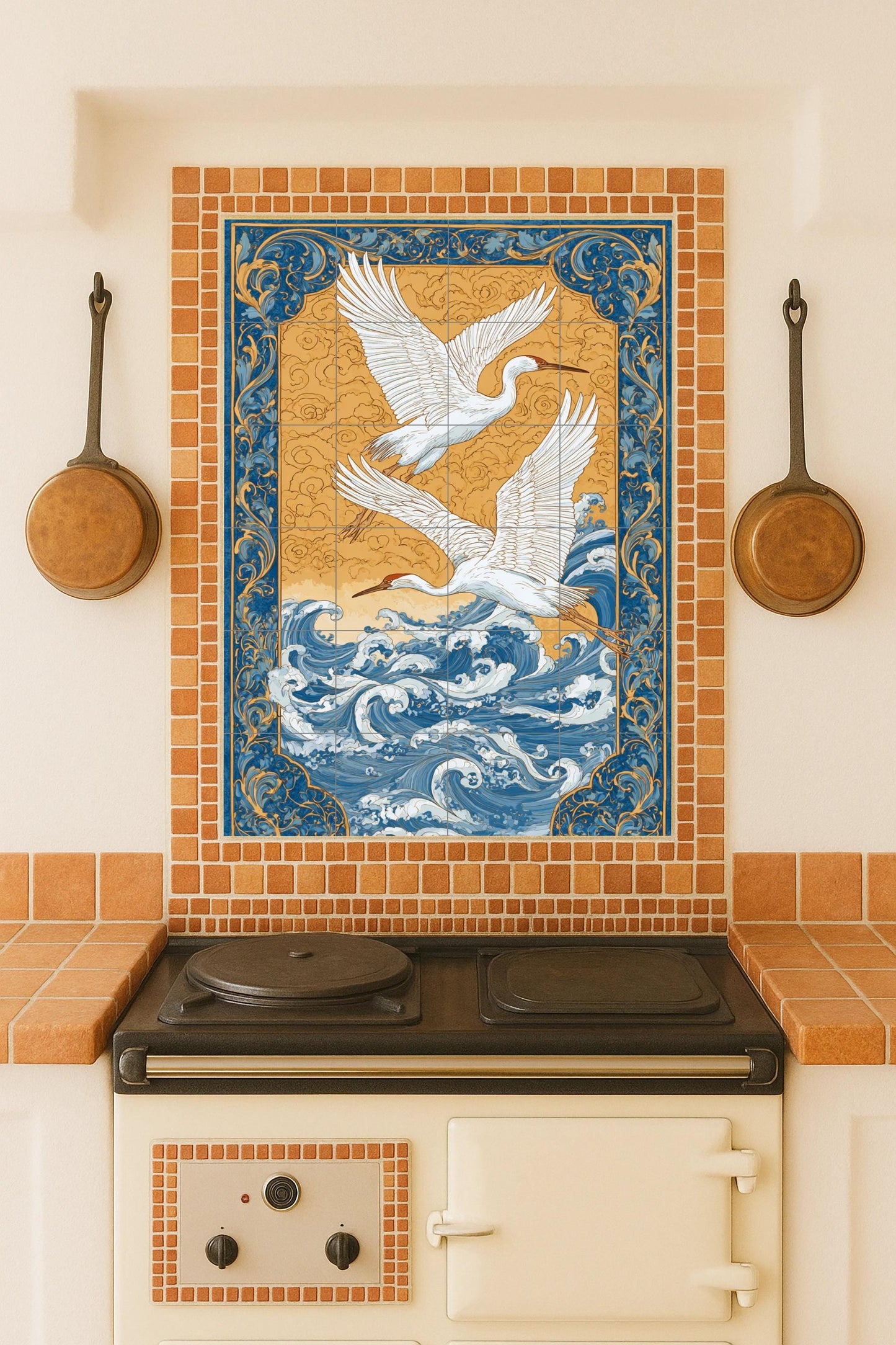 Wings over the Aegean – Ceramic mural with ornamental ocean waves and golden sky, symbolist tile work with cranes in flight