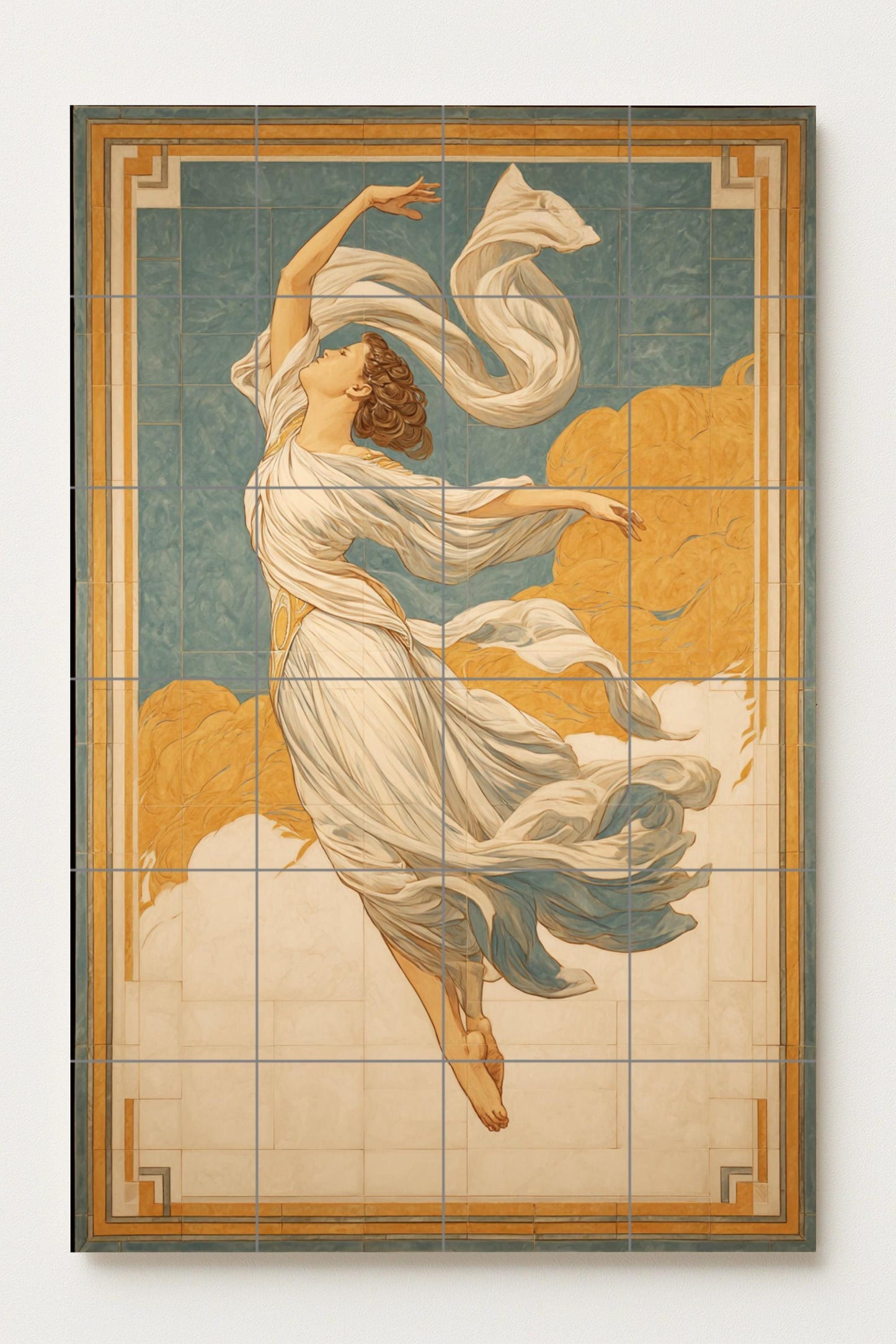 Celestial Grace – Neoclassical ceramic mural of a clothed muse, mural composition of mythical tiles with ethereal movement and timeless ornament.