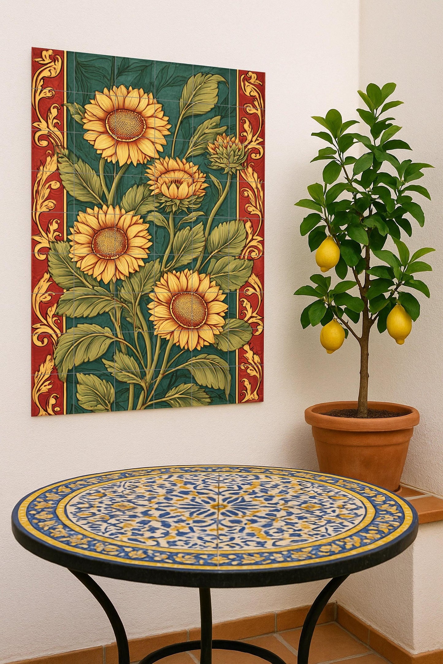 Symphony of Golden Sunflowers: Ornamental ceramic mural with green leaves and crimson details, composition of handcrafted flowering tile wall.