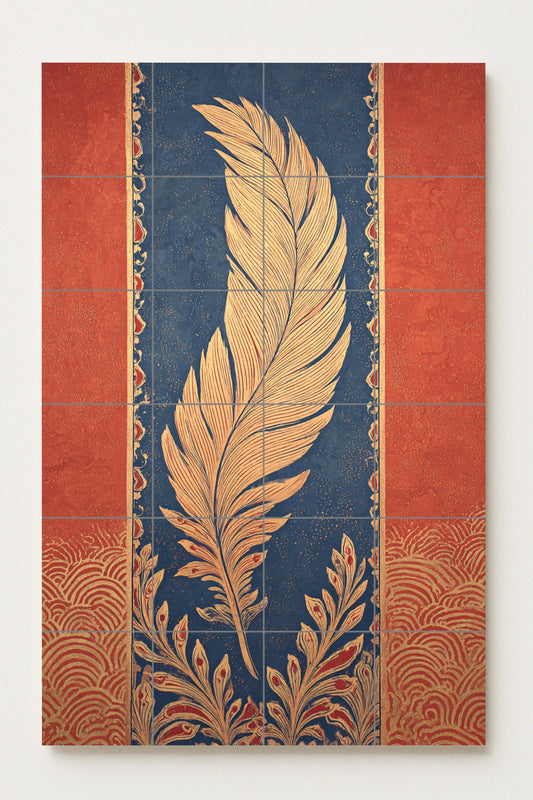 Golden Feather Elegy: Cerulean and vermilion ceramic mural, ornamental tile art with golden motifs, handcrafted decorative wall composition.