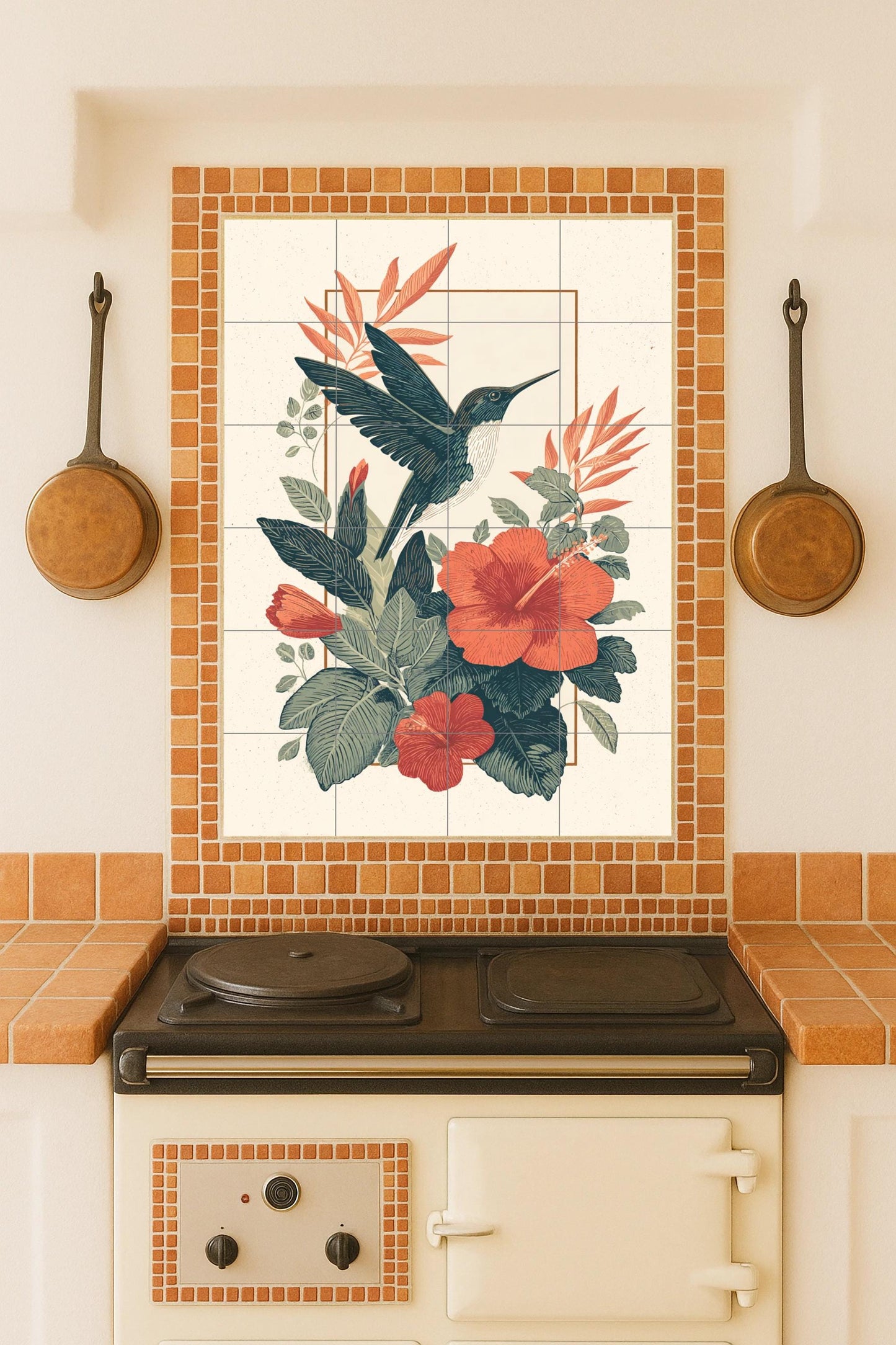 Hummingbird's Daydream: Botanical ceramic mural with scarlet hibiscus and tropical foliage, handcrafted tile composition with great detail.