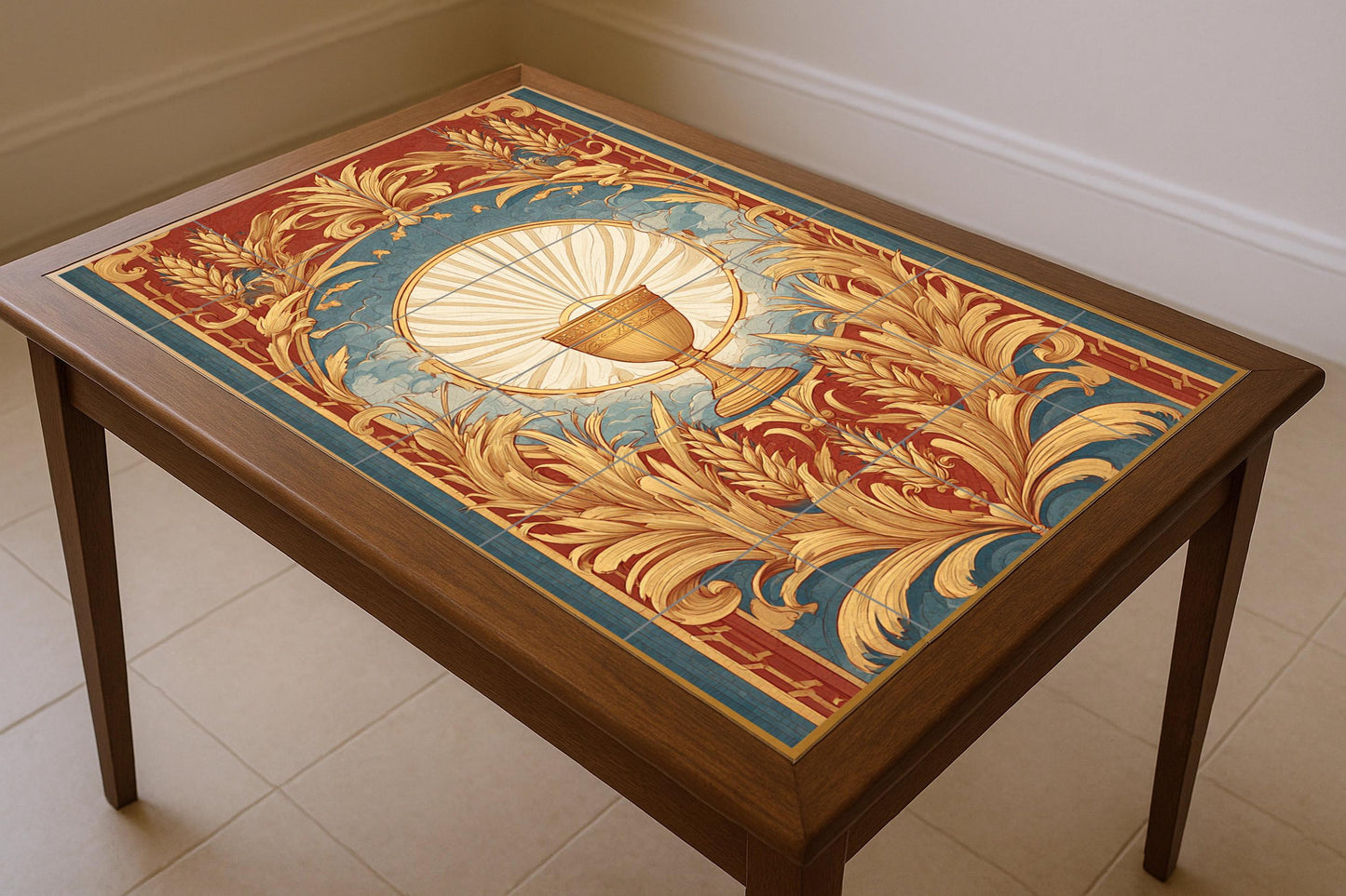 Illumination of the Golden Chalice: Sacred Wheat Ceramic Mural, Tile Art with Radiant Symbolism, Celestial Ornament in Deep Blue Terracotta.