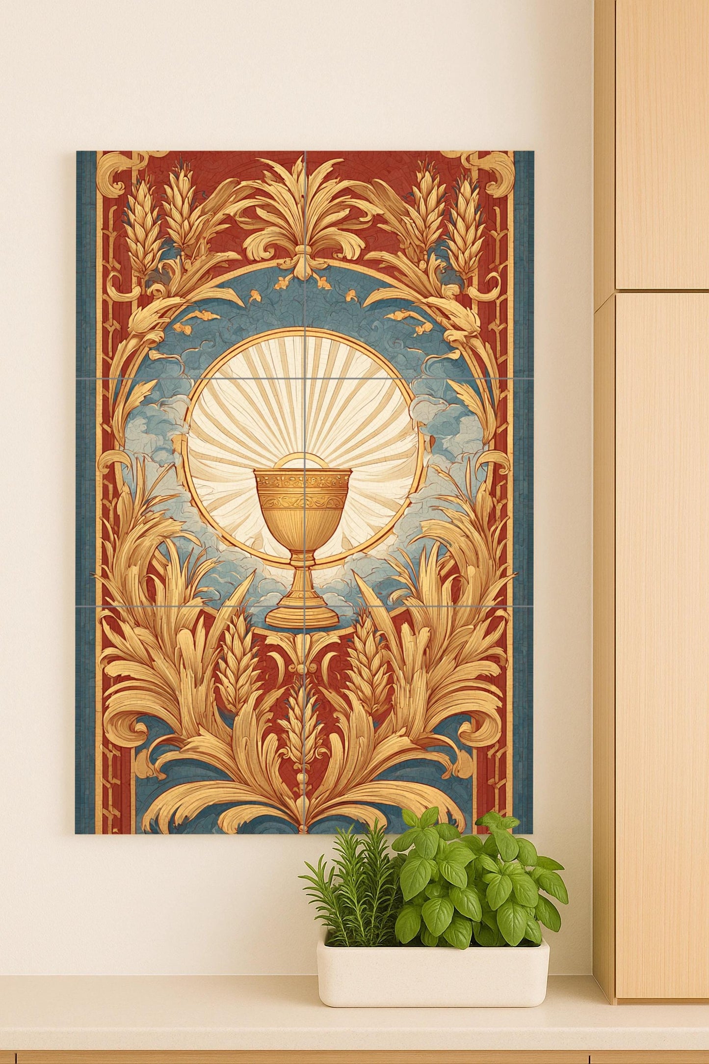 Illumination of the Golden Chalice: Sacred Wheat Ceramic Mural, Tile Art with Radiant Symbolism, Celestial Ornament in Deep Blue Terracotta.