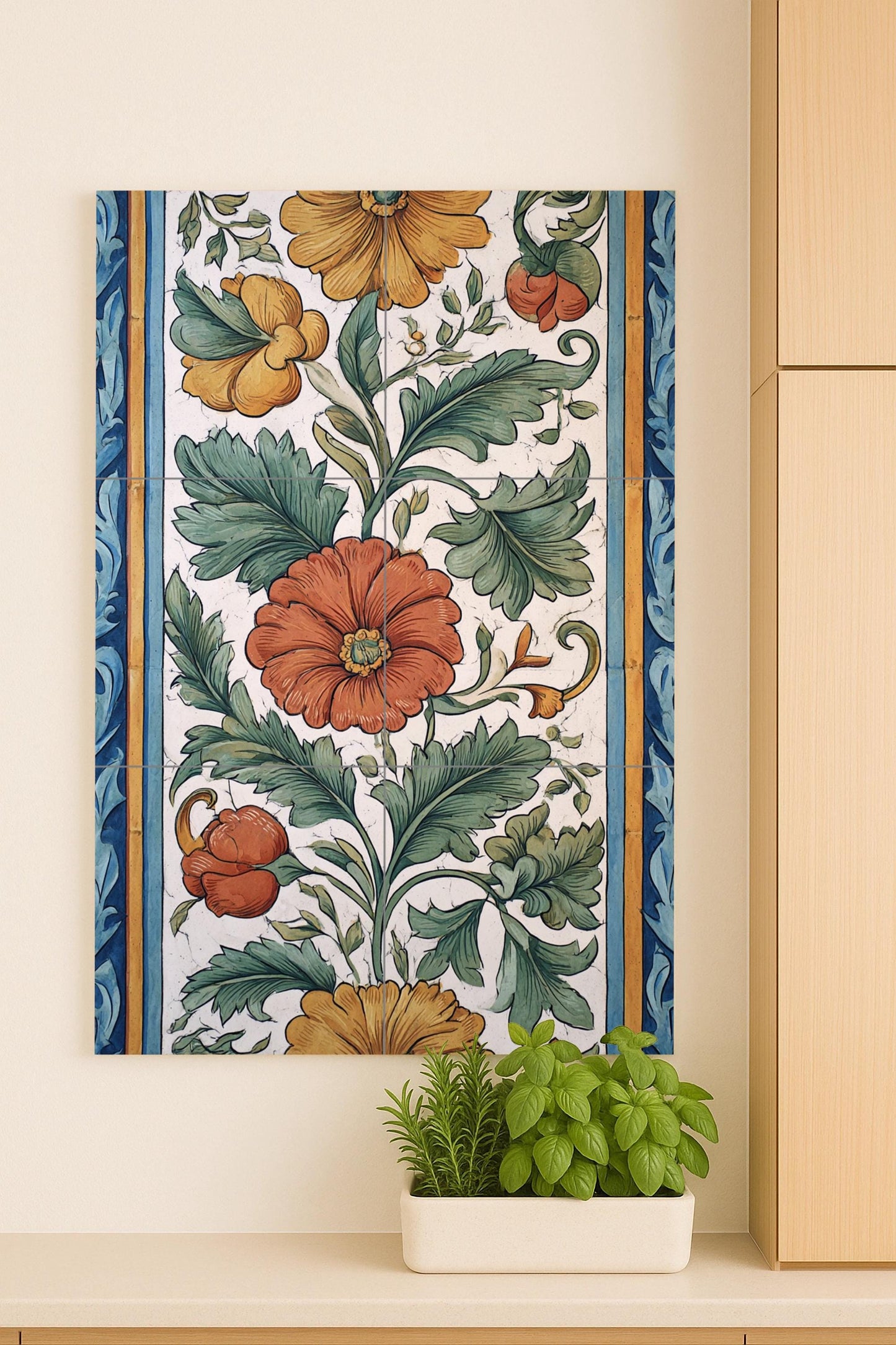 Valencia Bloom: lush ceramic mural with green foliage, golden flowers and handcrafted botanical harmony.