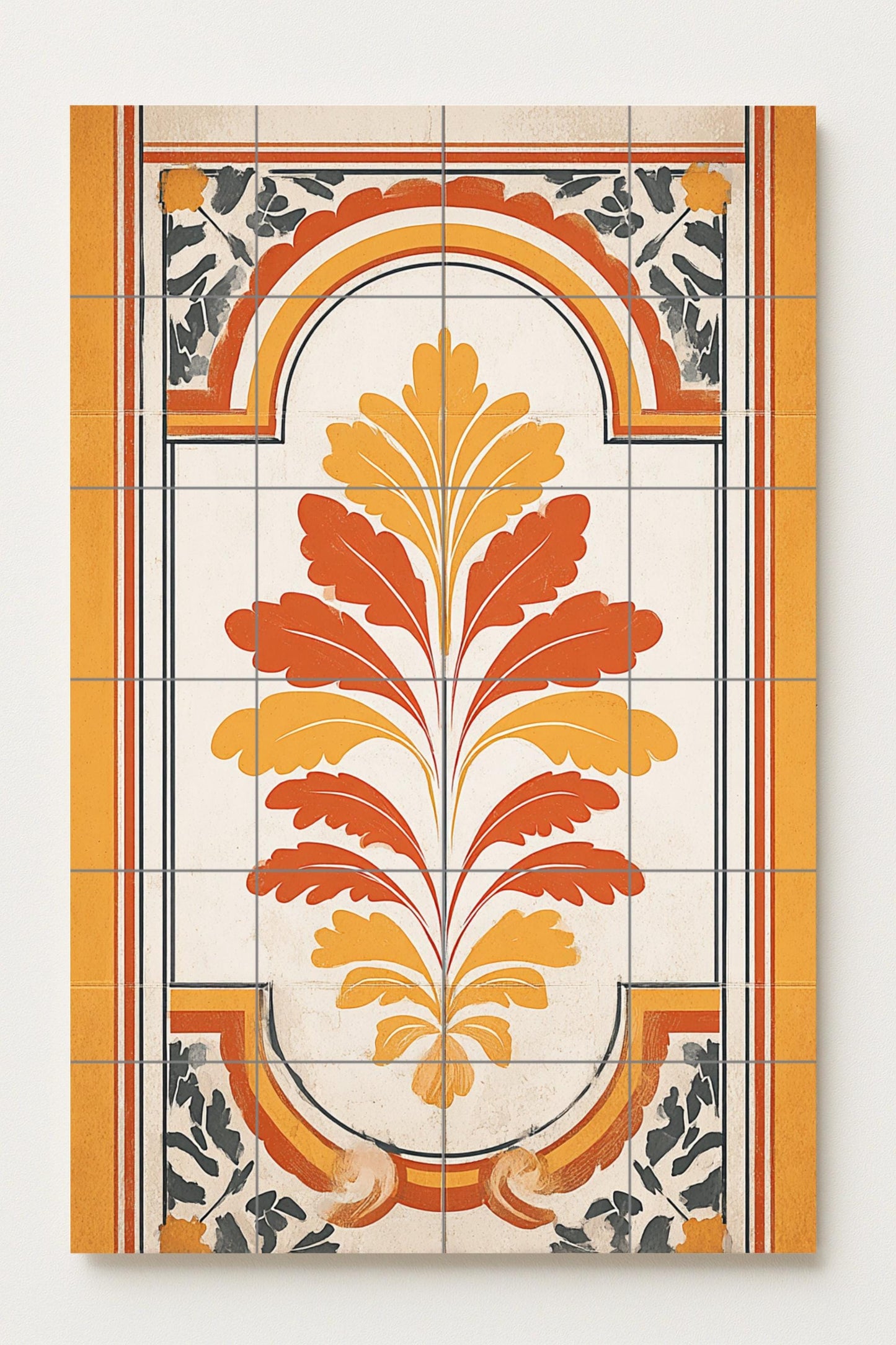 Madrid ornament: classic ceramic mural with golden symmetry, warm terracotta tones and refined architectural grace.