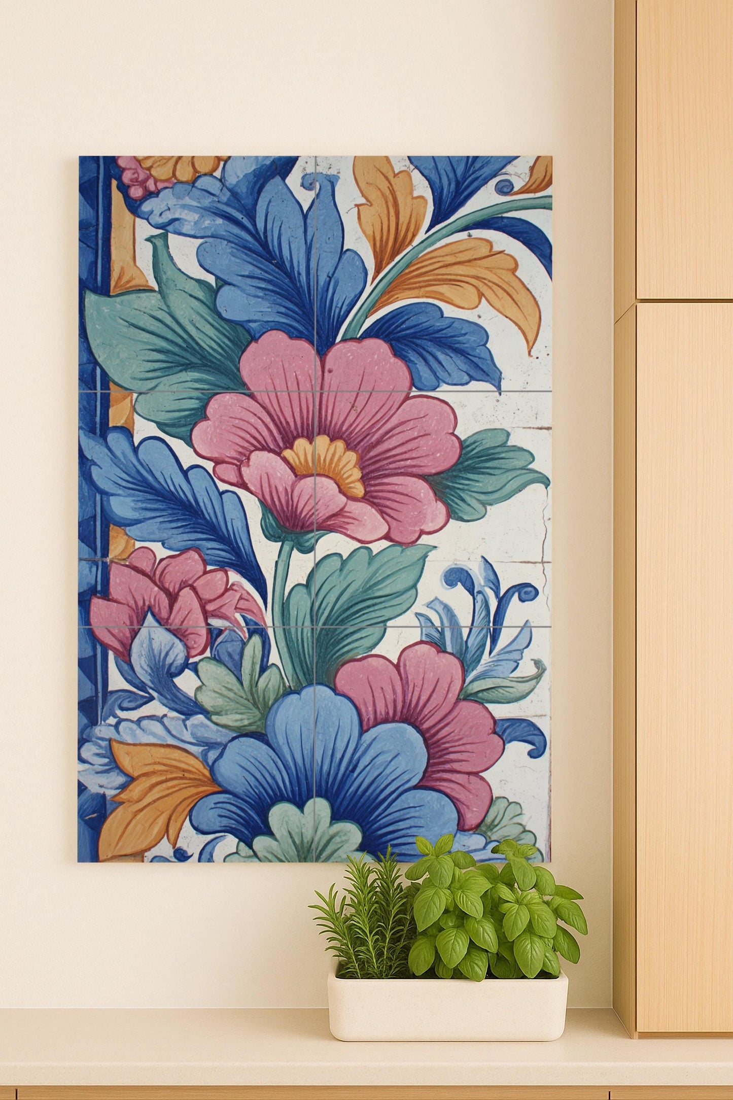 Flourishing Renaissance: Handcrafted ceramic mural with vibrant flowers, artistic foliage and Mediterranean decorative elegance.