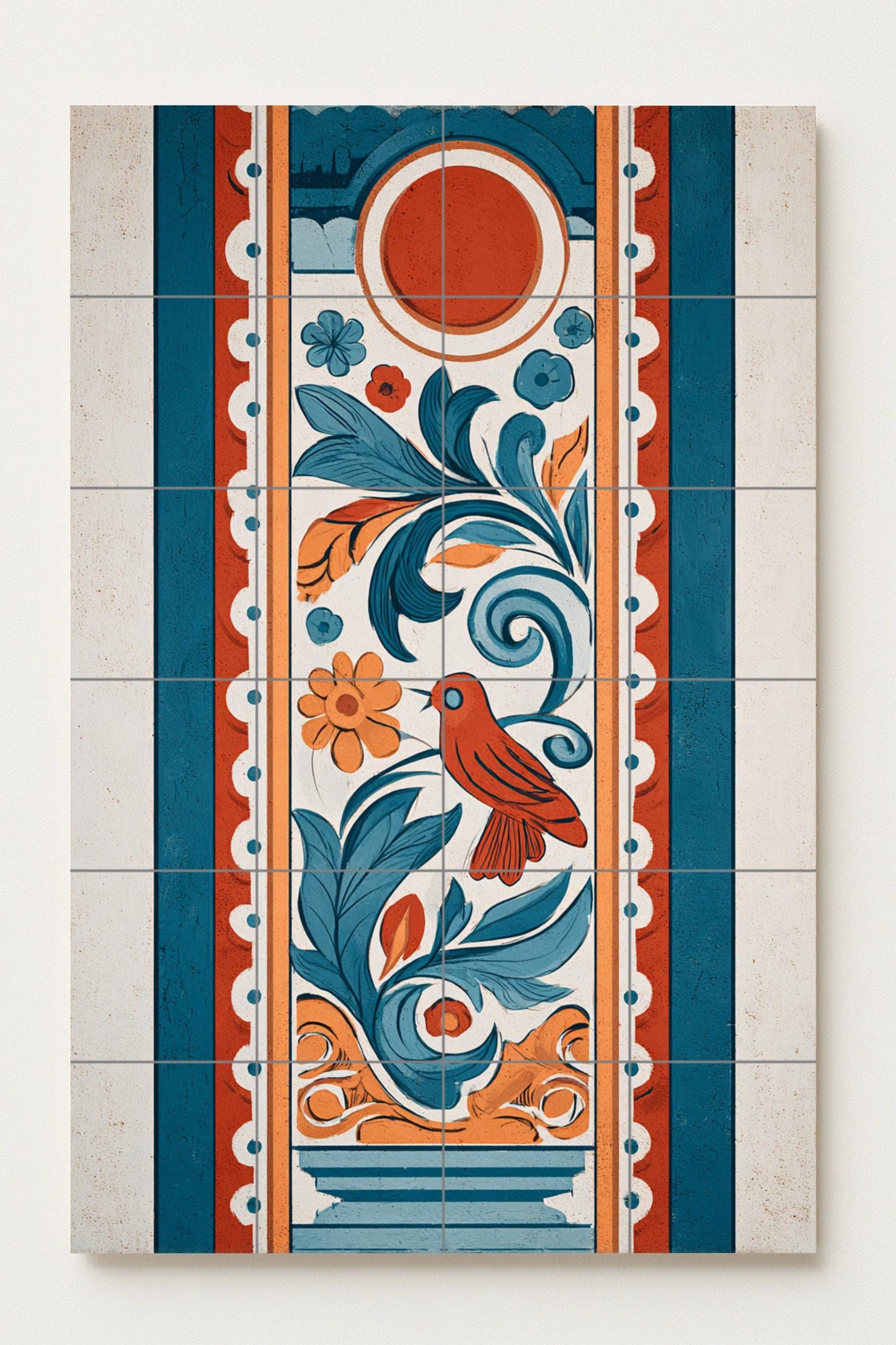Ceramic mural from Cordoba: Tile art with red and blue birds, popular Mediterranean design, handcrafted mural design, timeless decorative composition.