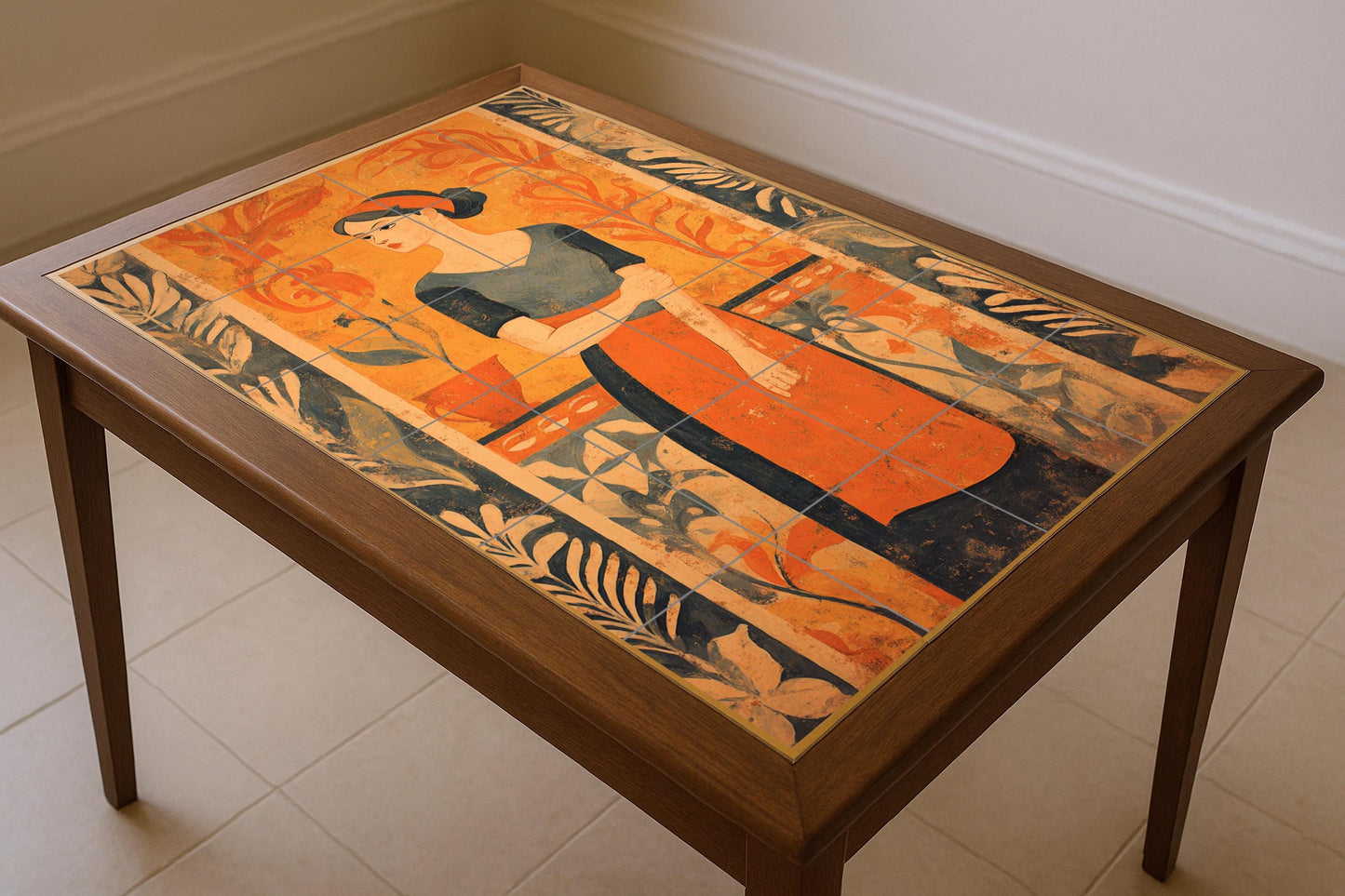 The Wait ceramic mural: Figurative art tile, Mediterranean woman on terracotta palette, elegant mural composition, timeless artistic design.