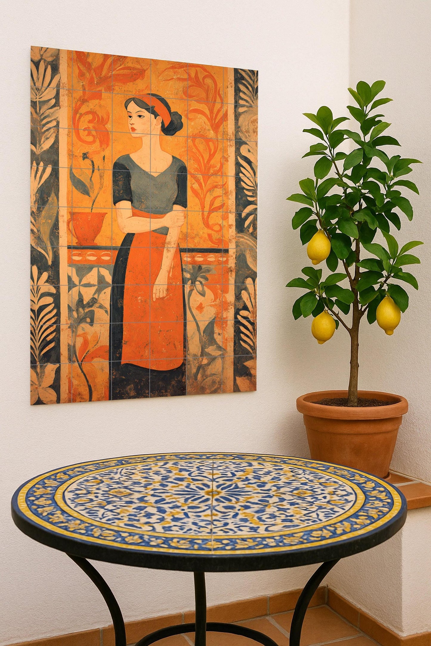 The Wait ceramic mural: Figurative art tile, Mediterranean woman on terracotta palette, elegant mural composition, timeless artistic design.