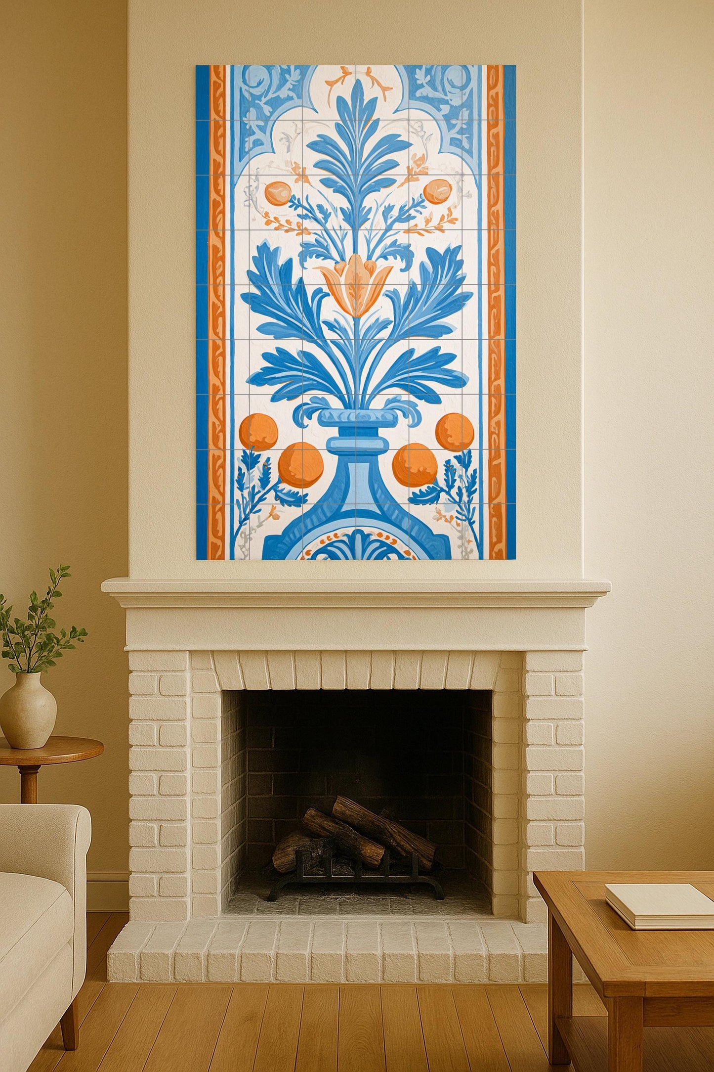 Ceramic mural from Marbella: Andalusian design in blue and orange, Mediterranean floral art, classic Spanish wall decoration