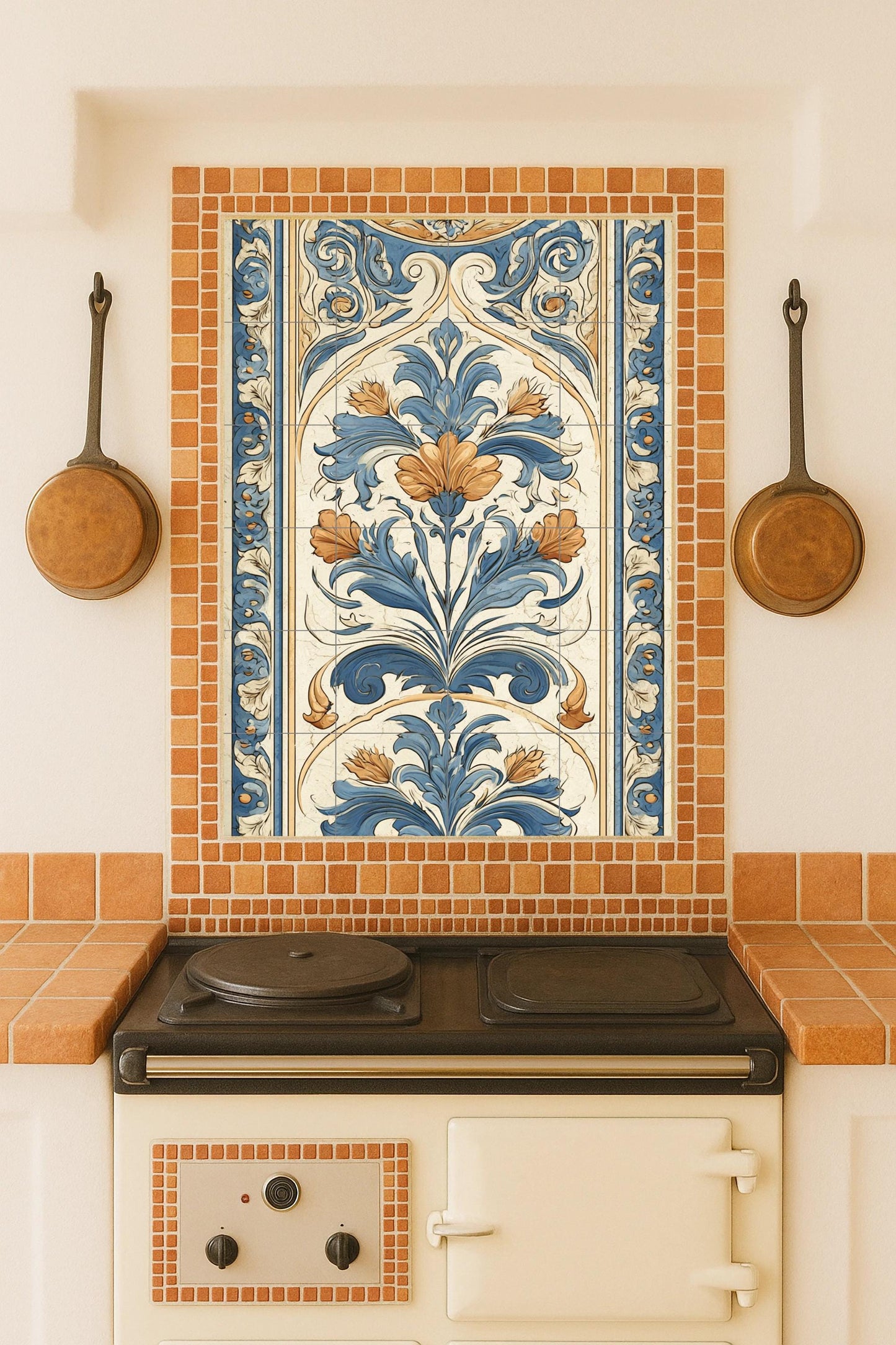 Moscow ceramic mural: Imperial floral ornament, blue and gold baroque design, classical art, decorative wall piece.