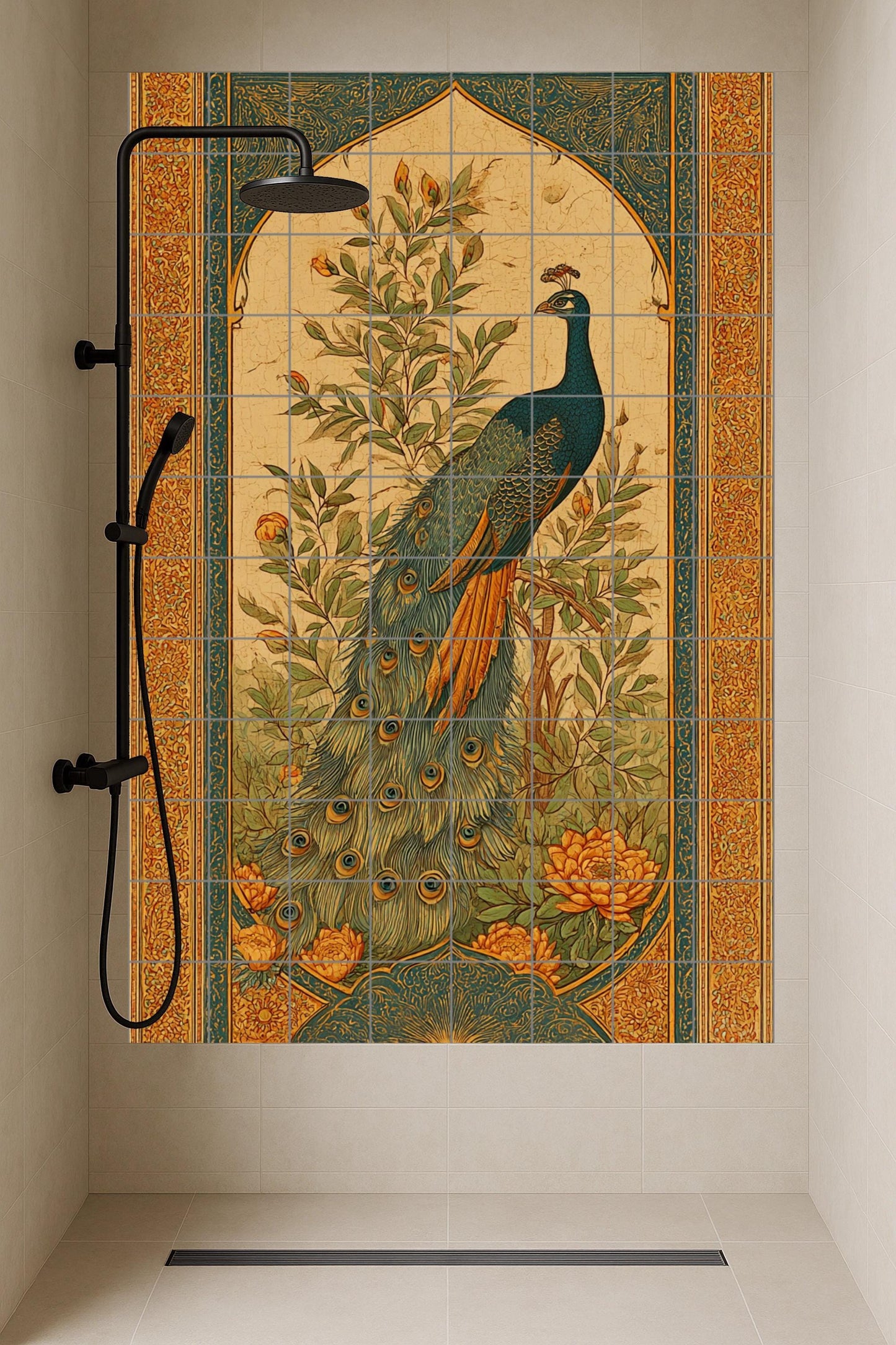 Majestic Peacock Ceramic Mural: Oriental Garden Art, Golden Floral Frame, Elegant Bluebird Composition, Vintage Decorative Wall Piece.