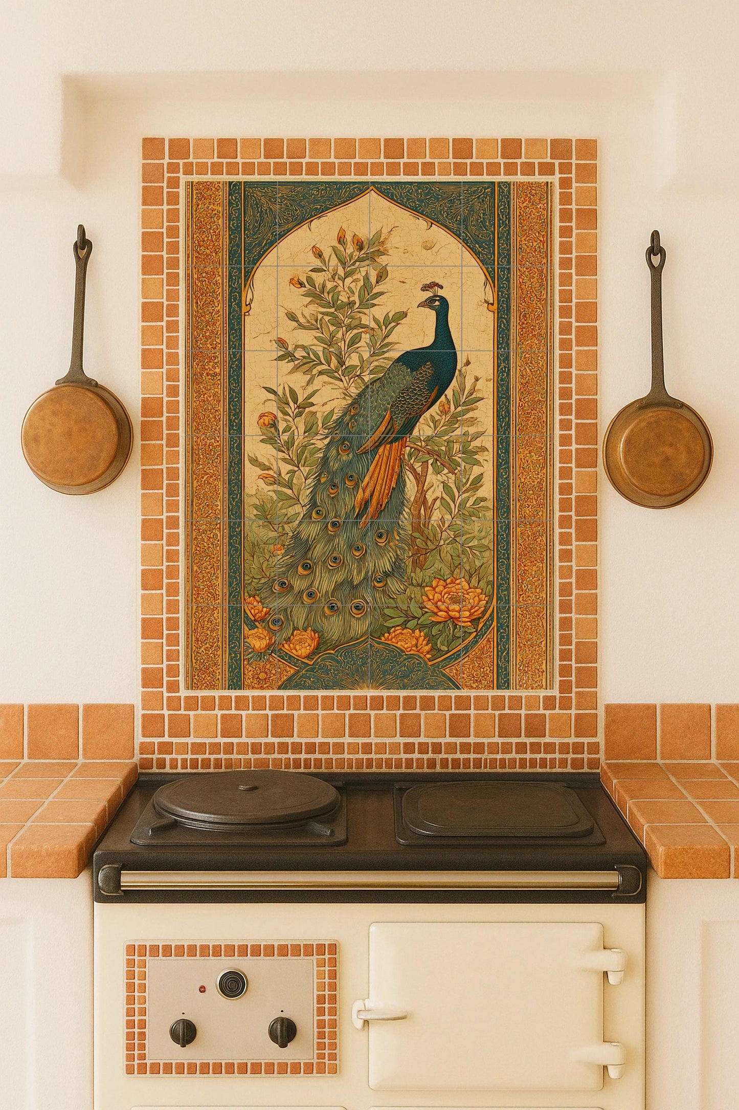 Majestic Peacock Ceramic Mural: Oriental Garden Art, Golden Floral Frame, Elegant Bluebird Composition, Vintage Decorative Wall Piece.