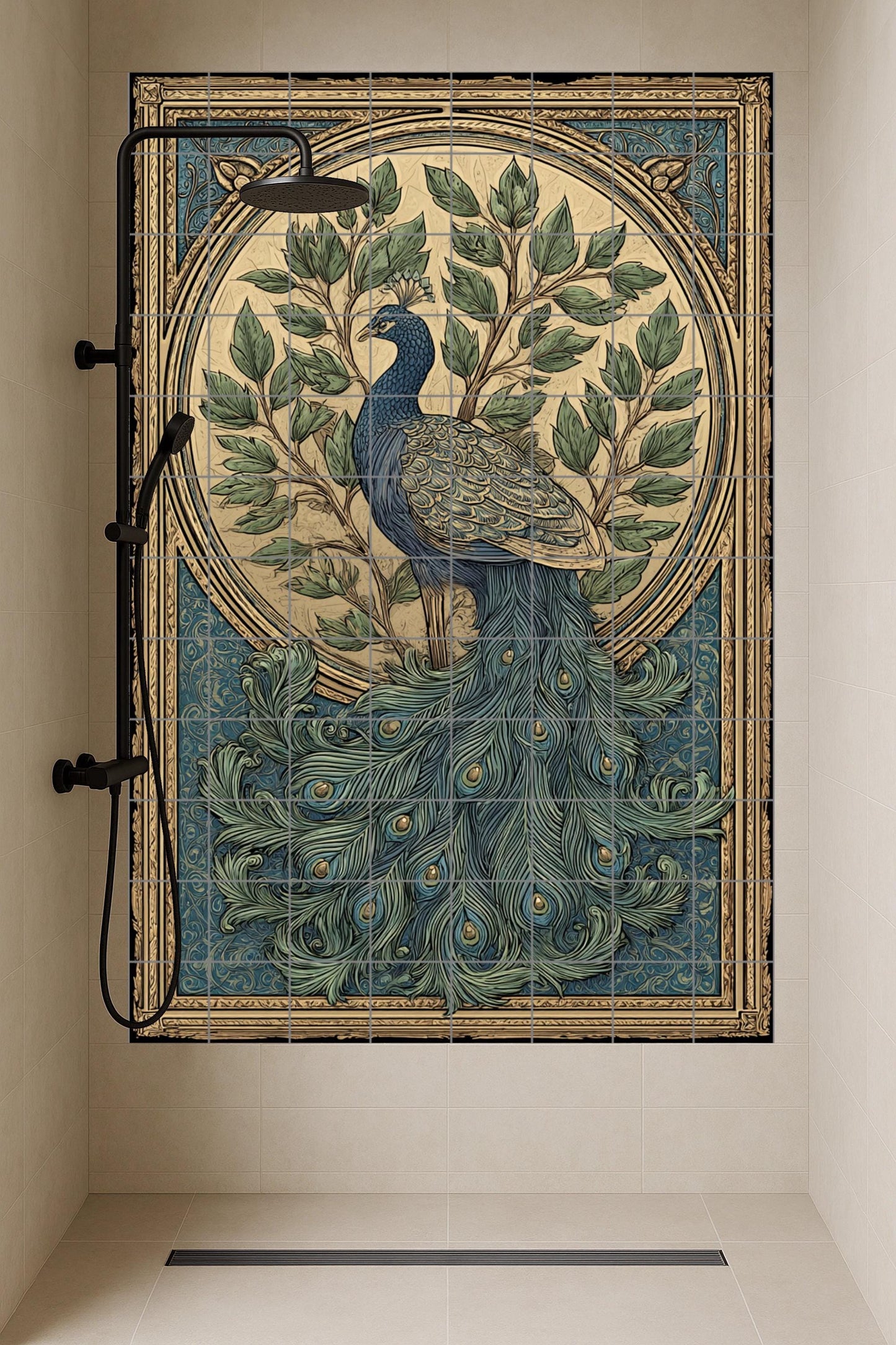 Ceramic mural "Splendor of the Peacock": ornamental bird design, Art Nouveau elegance, botanical composition, decorative work in blue and gold.