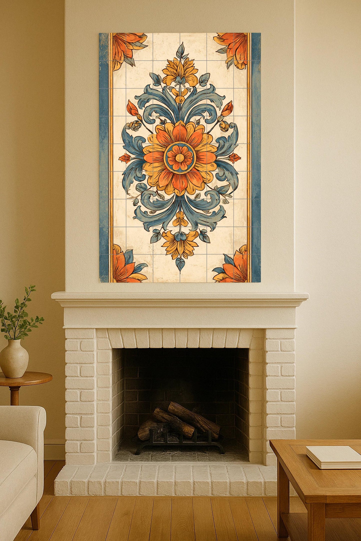 Ceramic mural from Milan: Baroque floral print, Italian ornamental art, golden terracotta design, vintage botanical composition for wall.