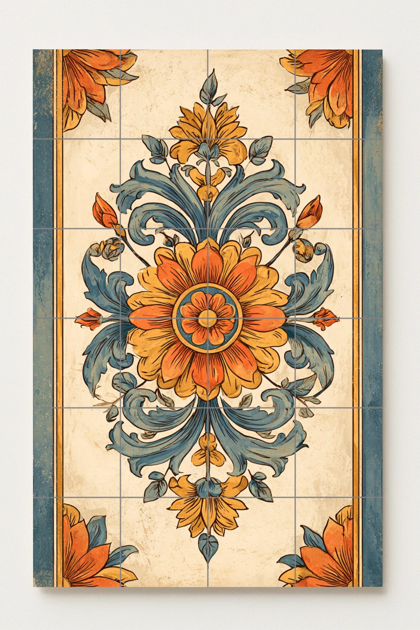 Ceramic mural from Milan: Baroque floral print, Italian ornamental art, golden terracotta design, vintage botanical composition for wall.