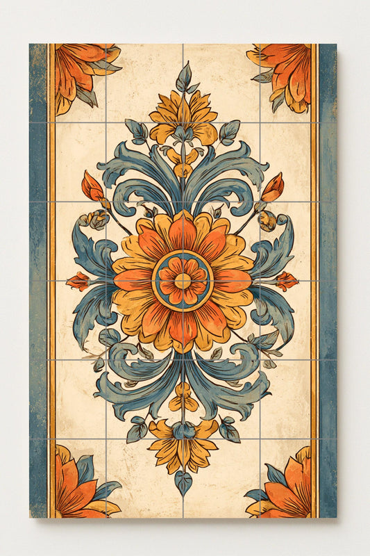 Ceramic mural from Milan: Baroque floral print, Italian ornamental art, golden terracotta design, vintage botanical composition for wall.