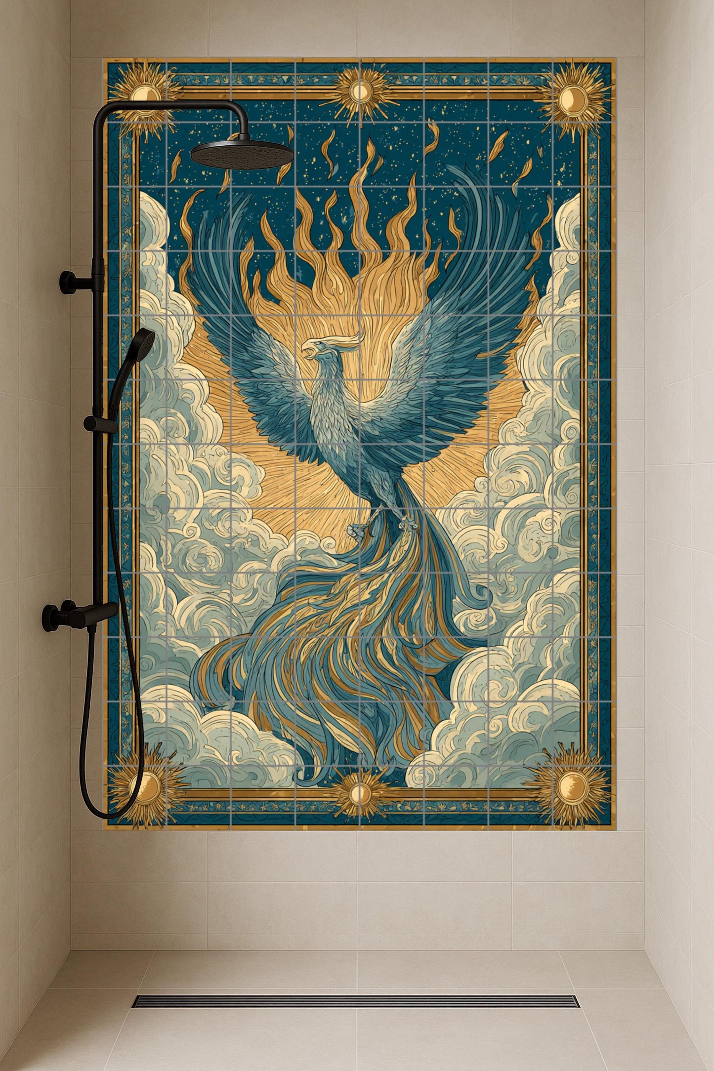 Ceramic mural of the Phoenix in Ascent: Mythological art of the firebird, celestial composition, symbol of rebirth, ornate golden decorative design.