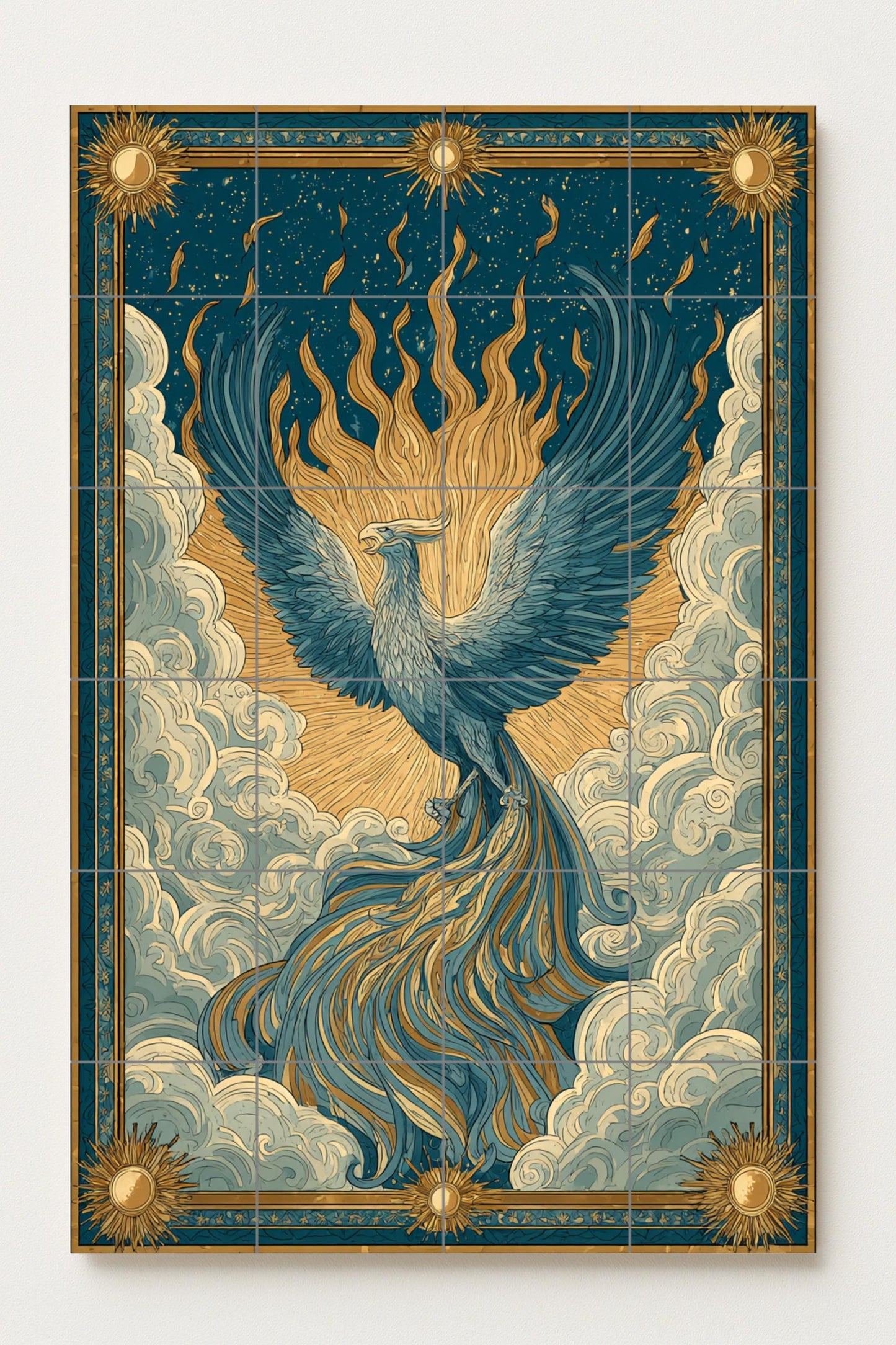 Ceramic mural of the Phoenix in Ascent: Mythological art of the firebird, celestial composition, symbol of rebirth, ornate golden decorative design.