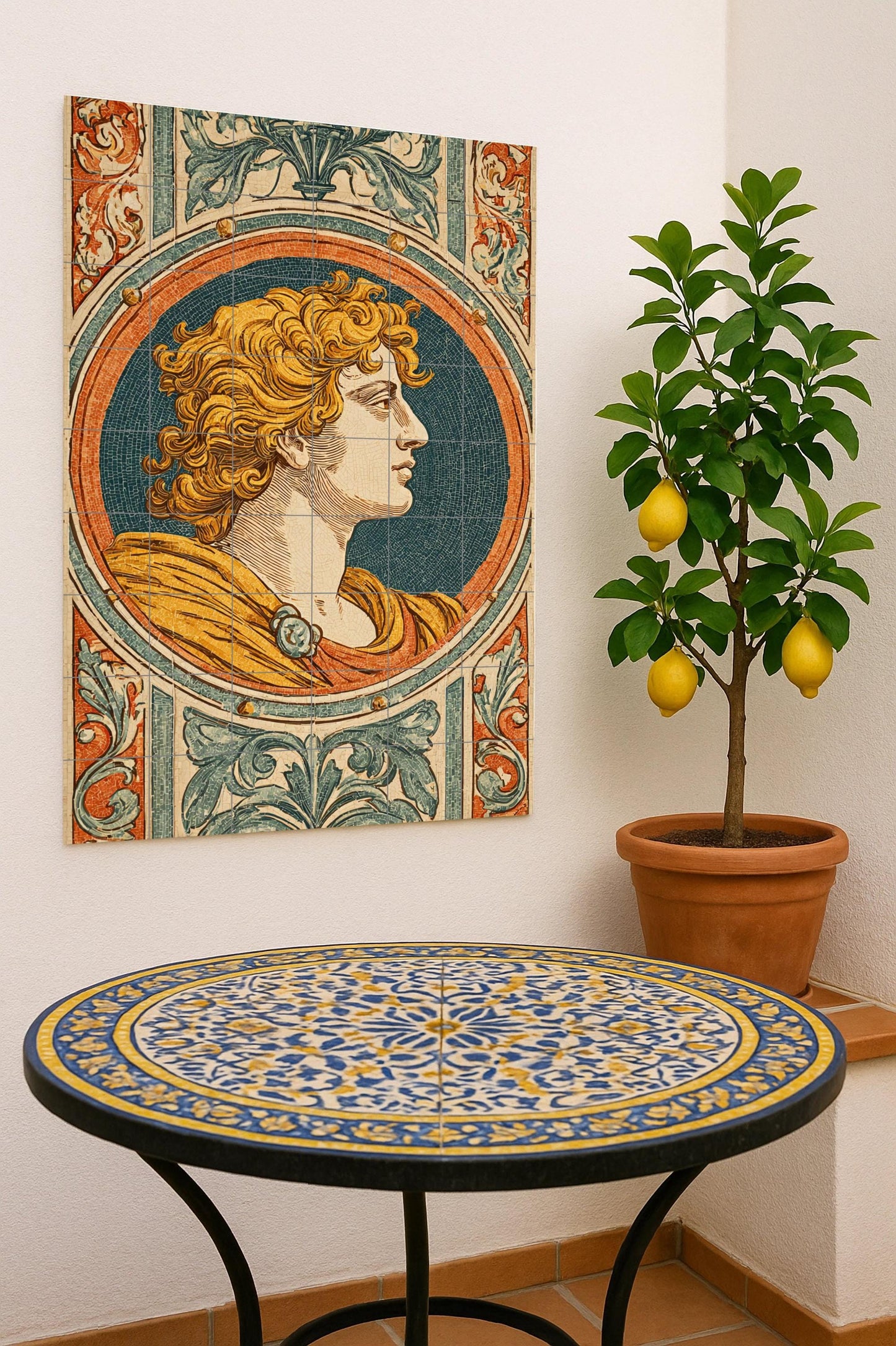 Ceramic mural with an Aurelian profile: Neoclassical portrait, Neo-Renaissance design, ornamental wall piece, timeless decoration.