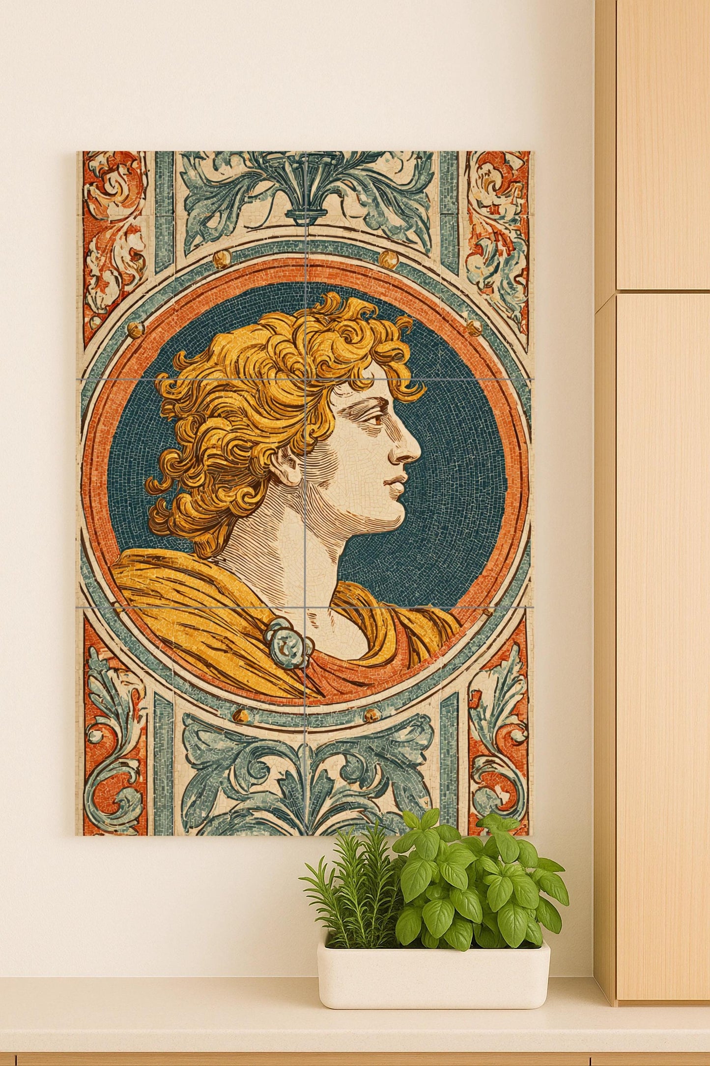 Ceramic mural with an Aurelian profile: Neoclassical portrait, Neo-Renaissance design, ornamental wall piece, timeless decoration.