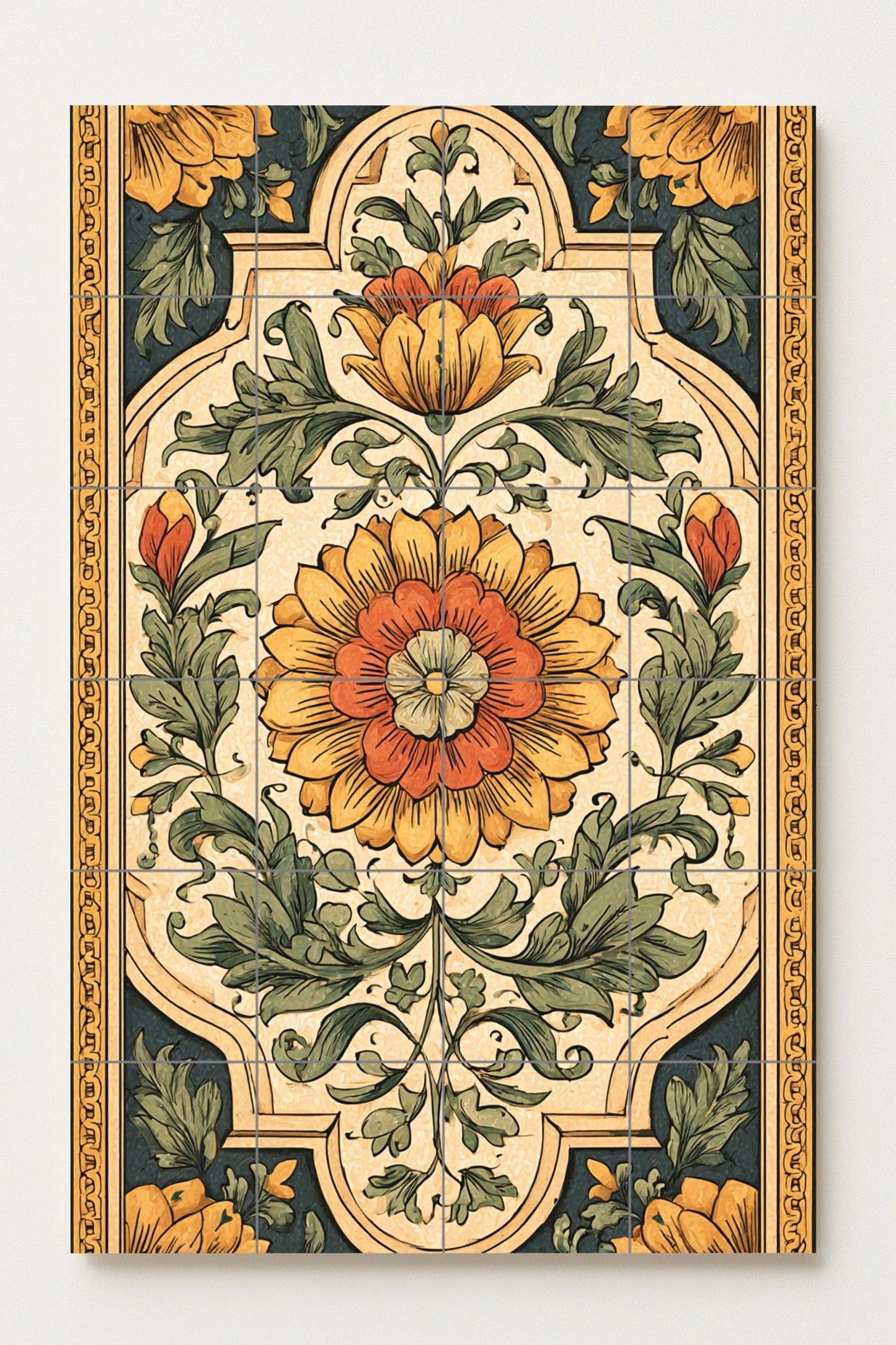 Florence ceramic mural: Renaissance floral design, ornamental botanical art, vintage Italian harmony, classic decorative wall piece.