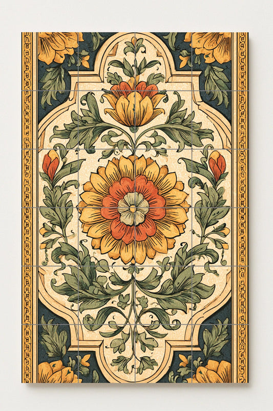 Florence ceramic mural: Renaissance floral design, ornamental botanical art, vintage Italian harmony, classic decorative wall piece.