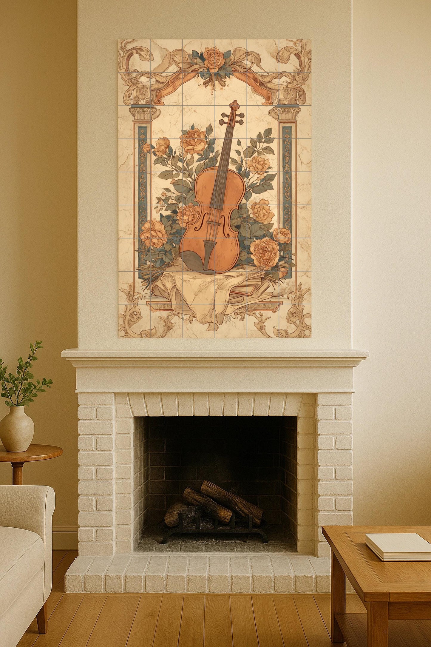 Ceramic mural of violin and roses: vintage musical art, classic still life composition, ornamental floral design, romantic wall decoration.