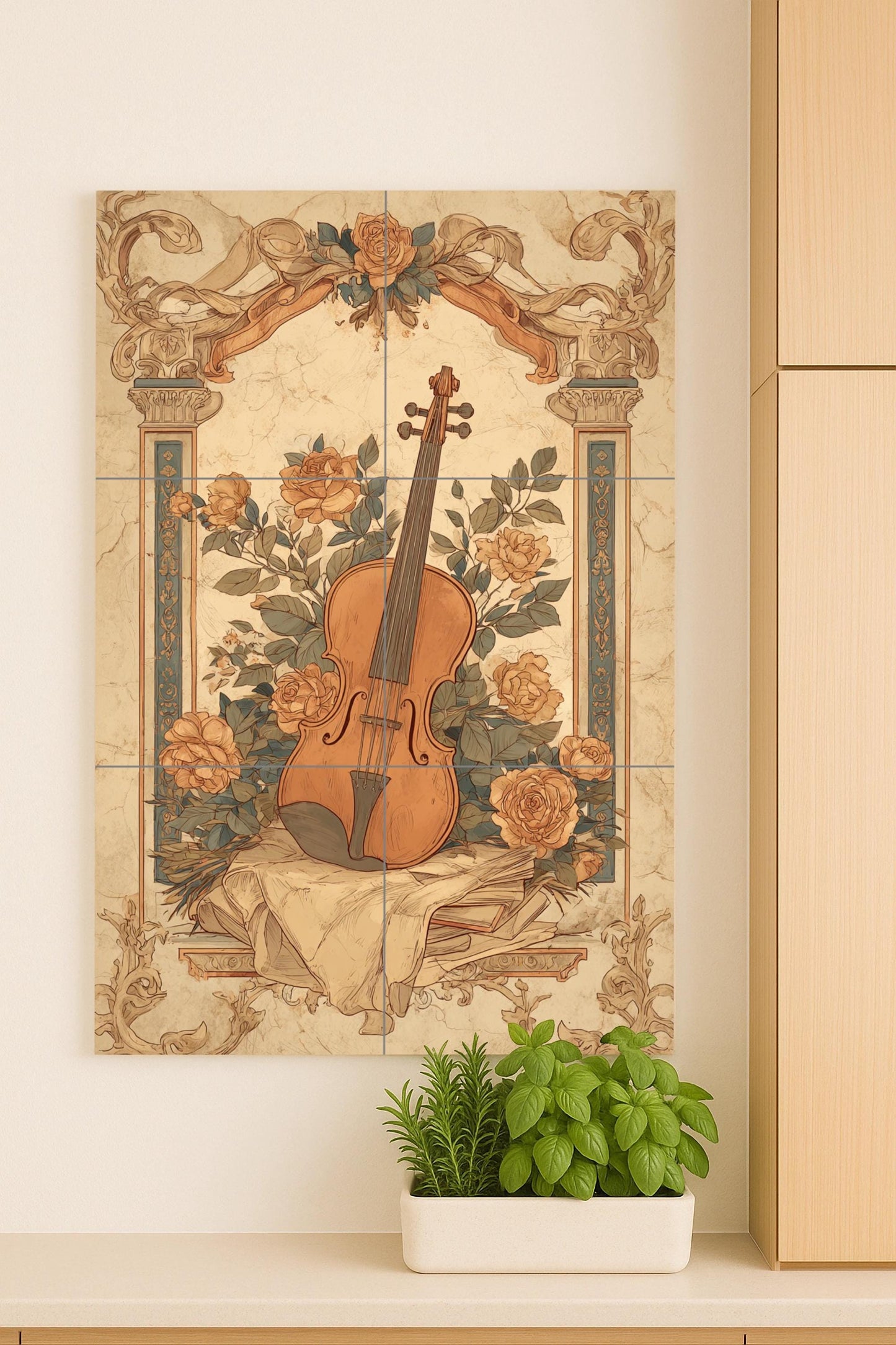 Ceramic mural of violin and roses: vintage musical art, classic still life composition, ornamental floral design, romantic wall decoration.