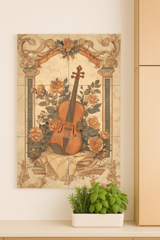 Ceramic mural of violin and roses: vintage musical art, classic still life composition, ornamental floral design, romantic wall decoration.