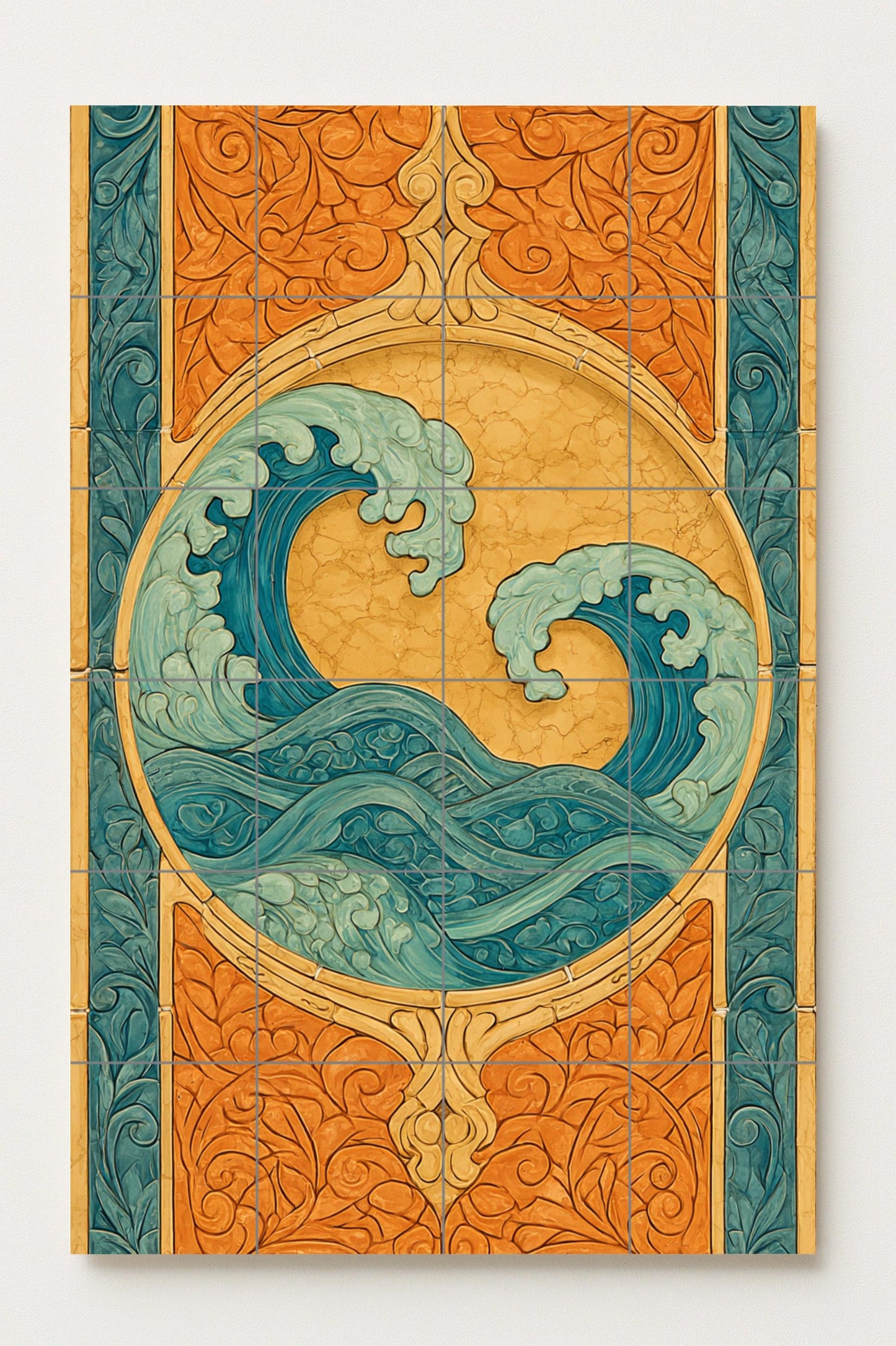 "Oceanic Harmony" Ceramic Mural: Art Nouveau wave design, decorative wall composition, turquoise flow pattern, vintage abstract marine art