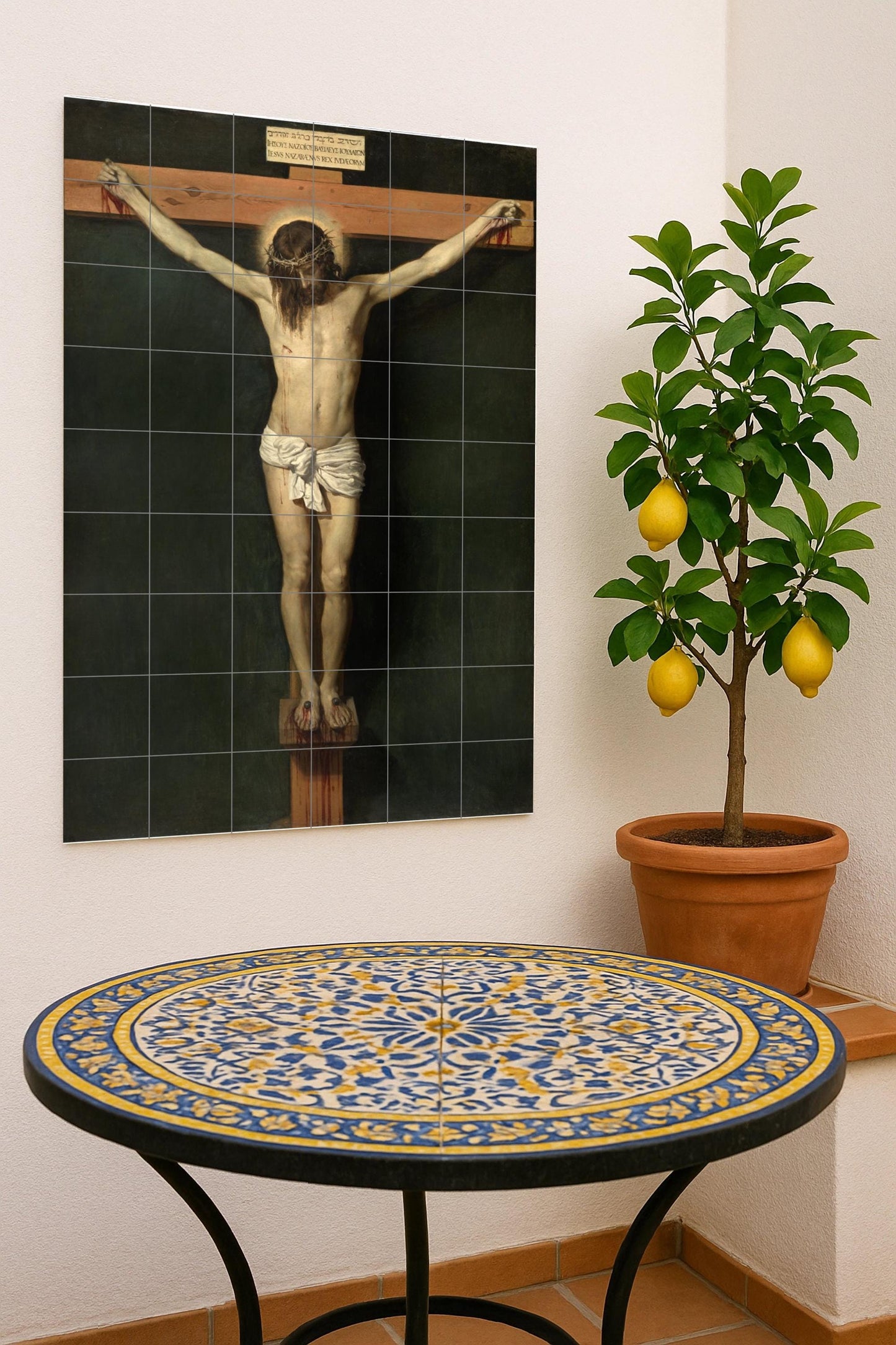 Ceramic mural of the Crucifixion: masterpiece – Classical sacred art, Renaissance realism, religious mural composition, dramatic figurative design