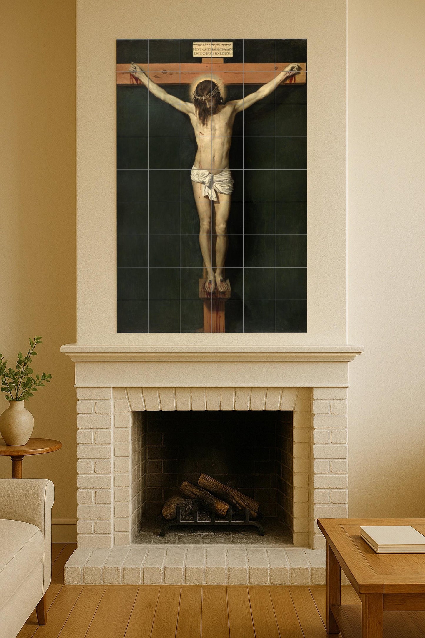Ceramic mural of the Crucifixion: masterpiece – Classical sacred art, Renaissance realism, religious mural composition, dramatic figurative design