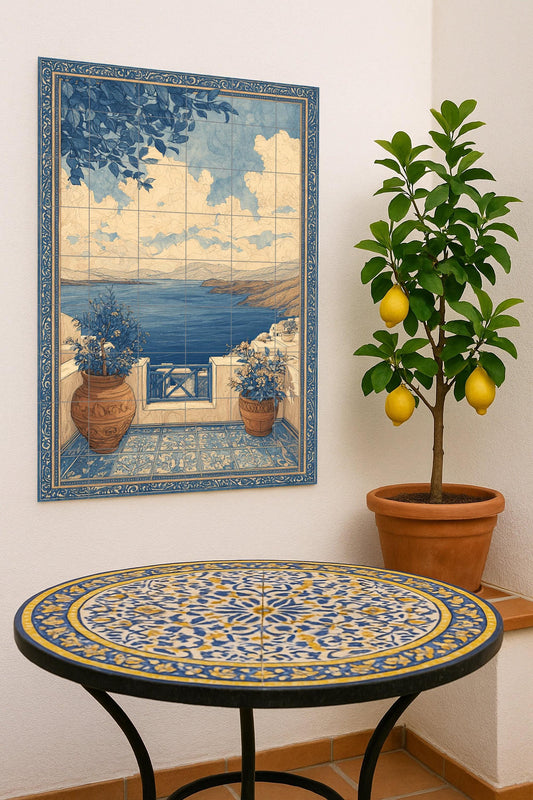 Mediterranean terrace ceramic mural: coastal skyline view, blue ceramic scene, seaside balcony design, classic landscape mural art