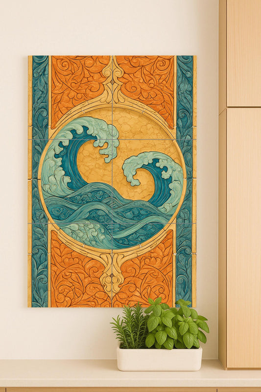 "Oceanic Harmony" Ceramic Mural: Art Nouveau wave design, decorative wall composition, turquoise flow pattern, vintage abstract marine art
