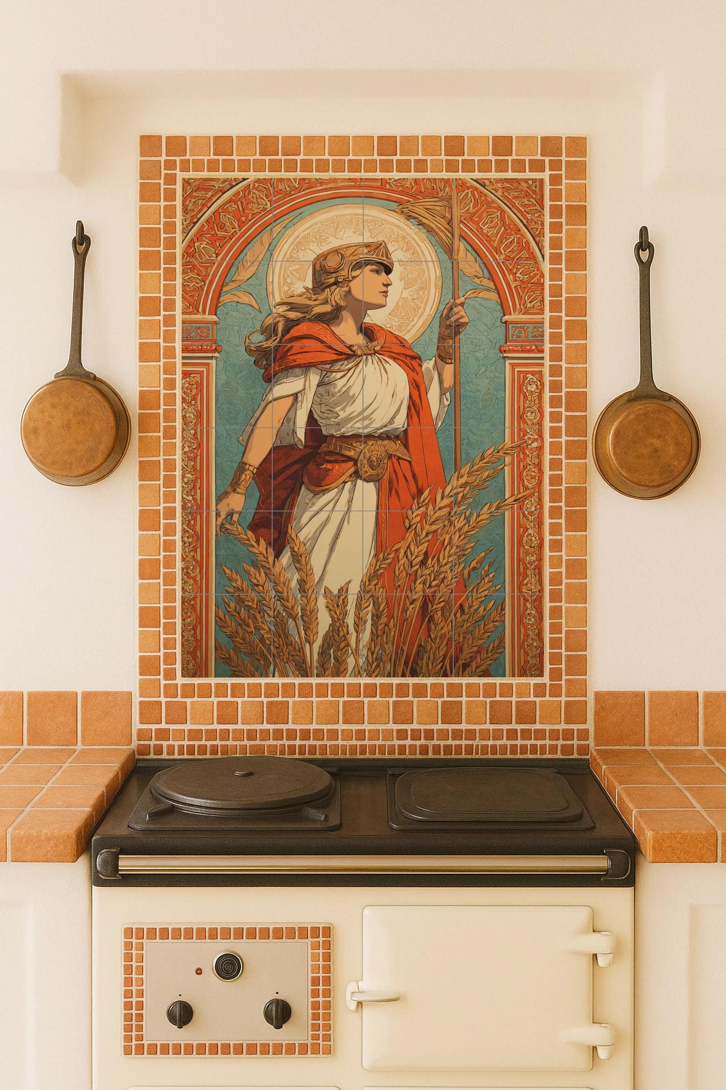 Ceramic mural of the Goddess of the Harvest: Classical allegorical art, Renaissance Art Nouveau, Composition of golden wheat, Design of a mythical female figure