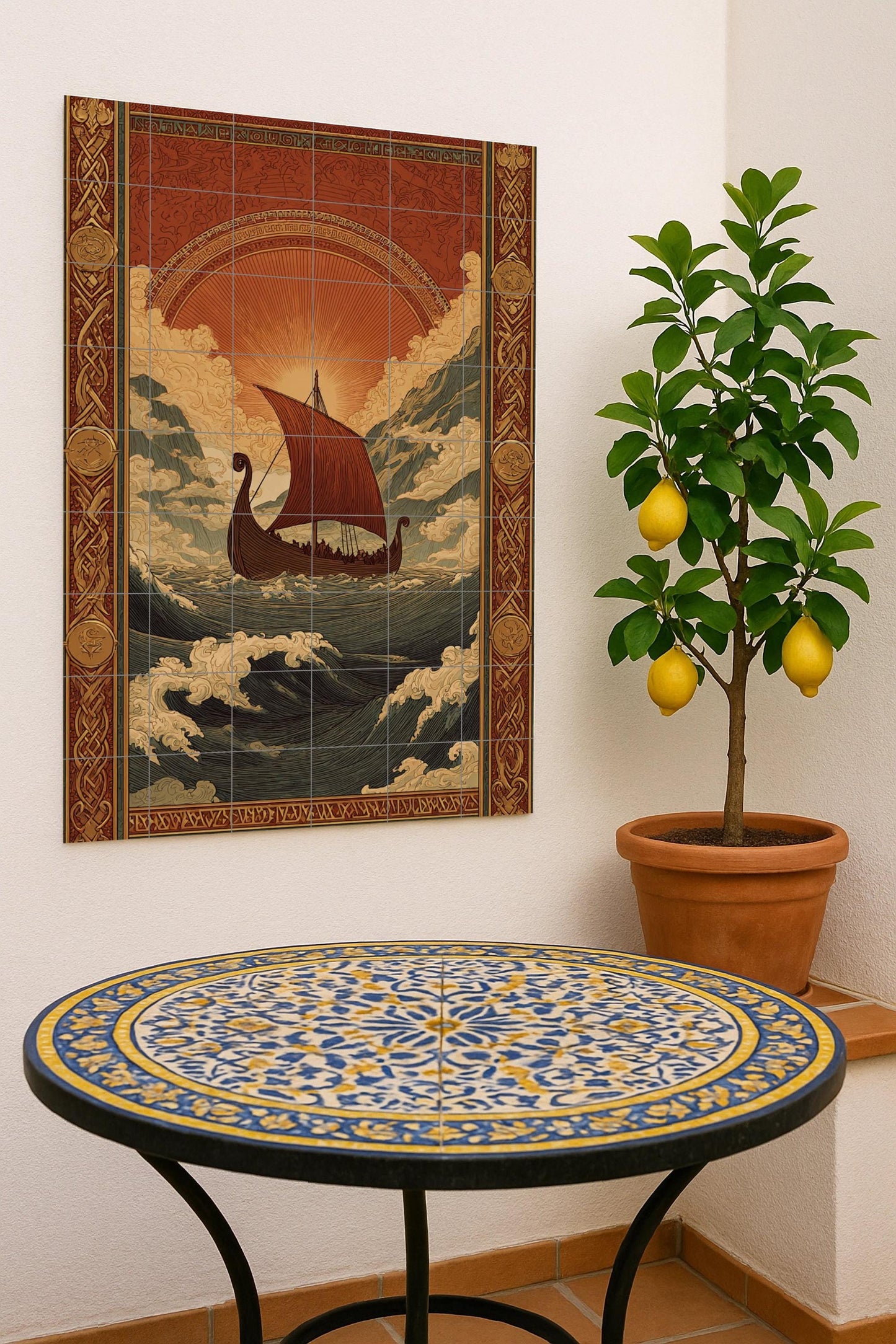 Viking travel ceramic mural: Norse mythology art, ocean adventure scene, golden horizon design, antique Nordic decorative piece