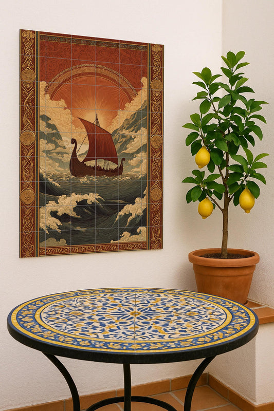 Viking travel ceramic mural: Norse mythology art, ocean adventure scene, golden horizon design, antique Nordic decorative piece