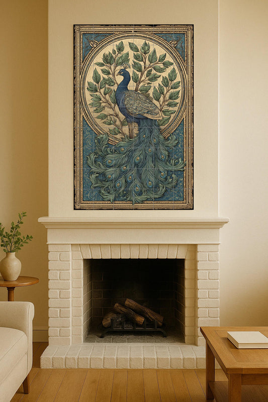 Ceramic mural "Splendor of the Peacock": ornamental bird design, Art Nouveau elegance, botanical composition, decorative work in blue and gold.