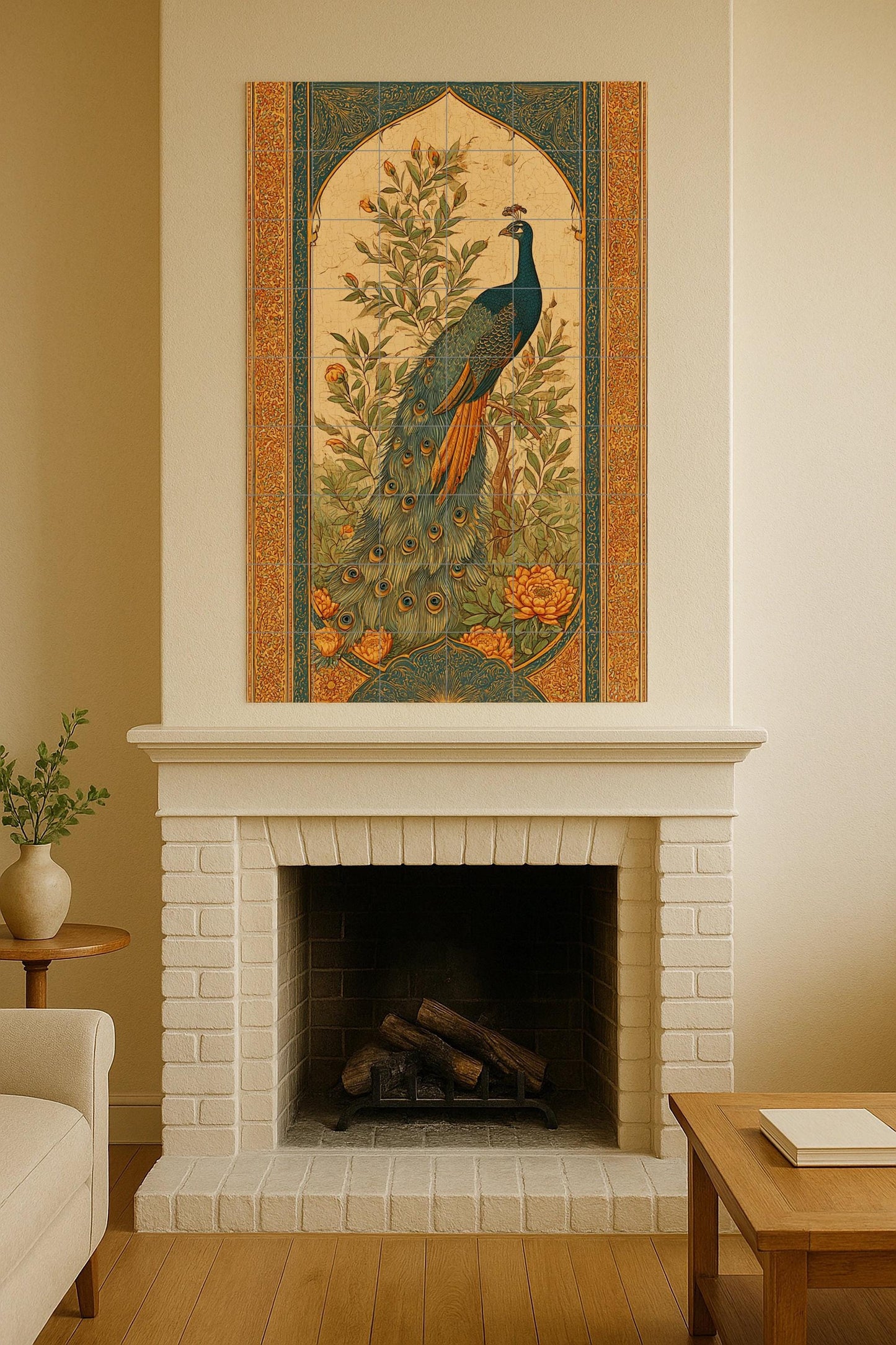 Majestic Peacock Ceramic Mural: Oriental Garden Art, Golden Floral Frame, Elegant Bluebird Composition, Vintage Decorative Wall Piece.