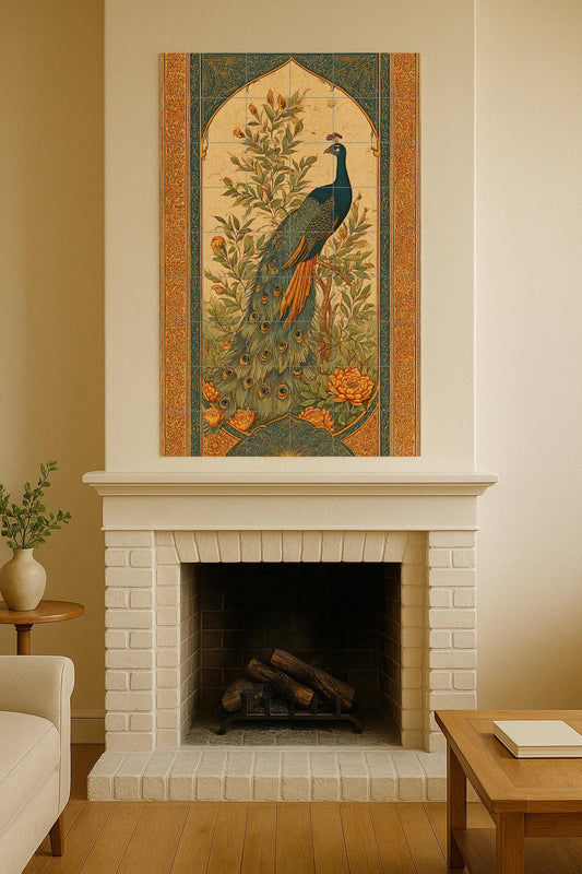 Majestic Peacock Ceramic Mural: Oriental Garden Art, Golden Floral Frame, Elegant Bluebird Composition, Vintage Decorative Wall Piece.