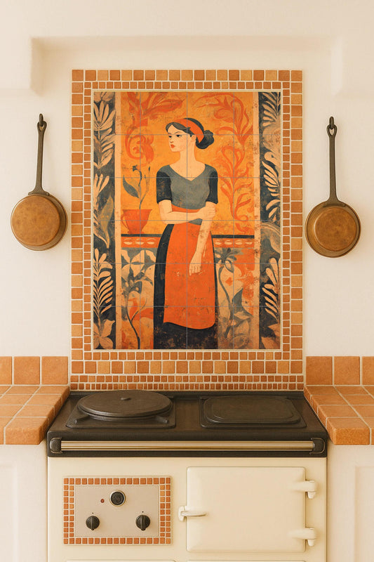 The Wait ceramic mural: Figurative art tile, Mediterranean woman on terracotta palette, elegant mural composition, timeless artistic design.