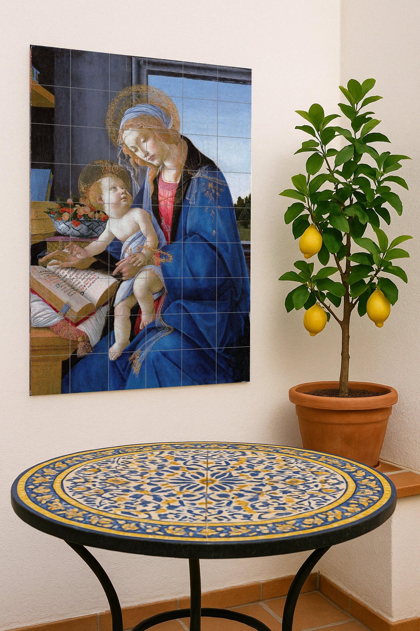 The Virgin and Child by Sandro Botticelli: Renaissance ceramic mural with an elegant composition and luminous details