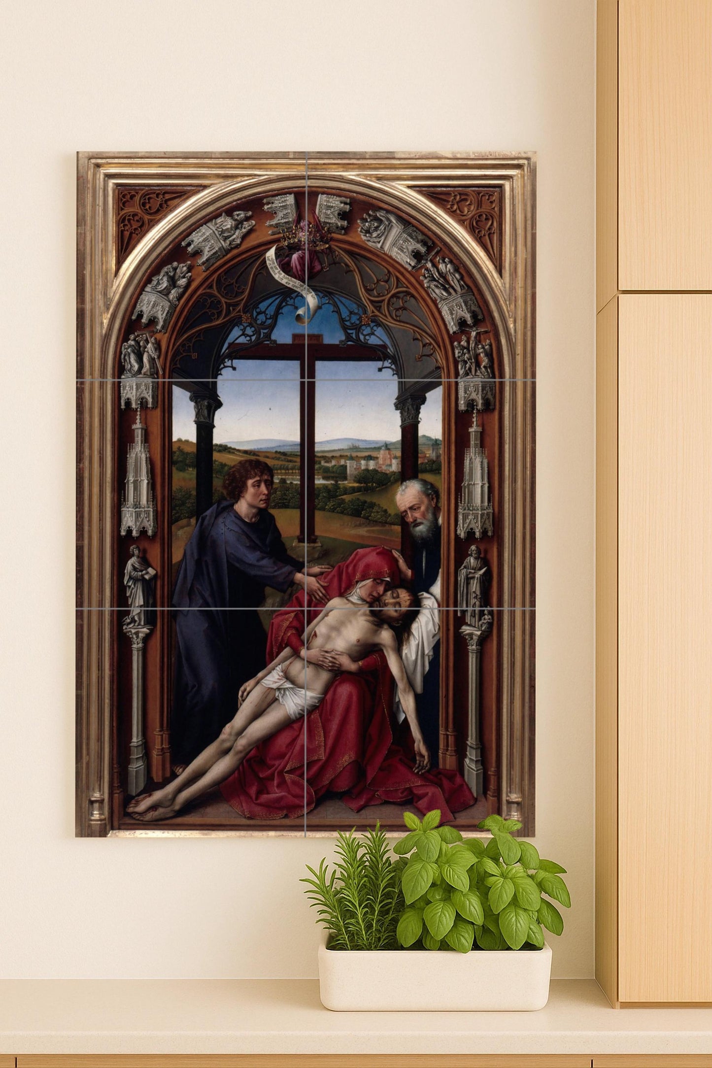 The Lamentation by Rogier van der Weyden: Flemish Renaissance ceramic mural framed with architectural splendor