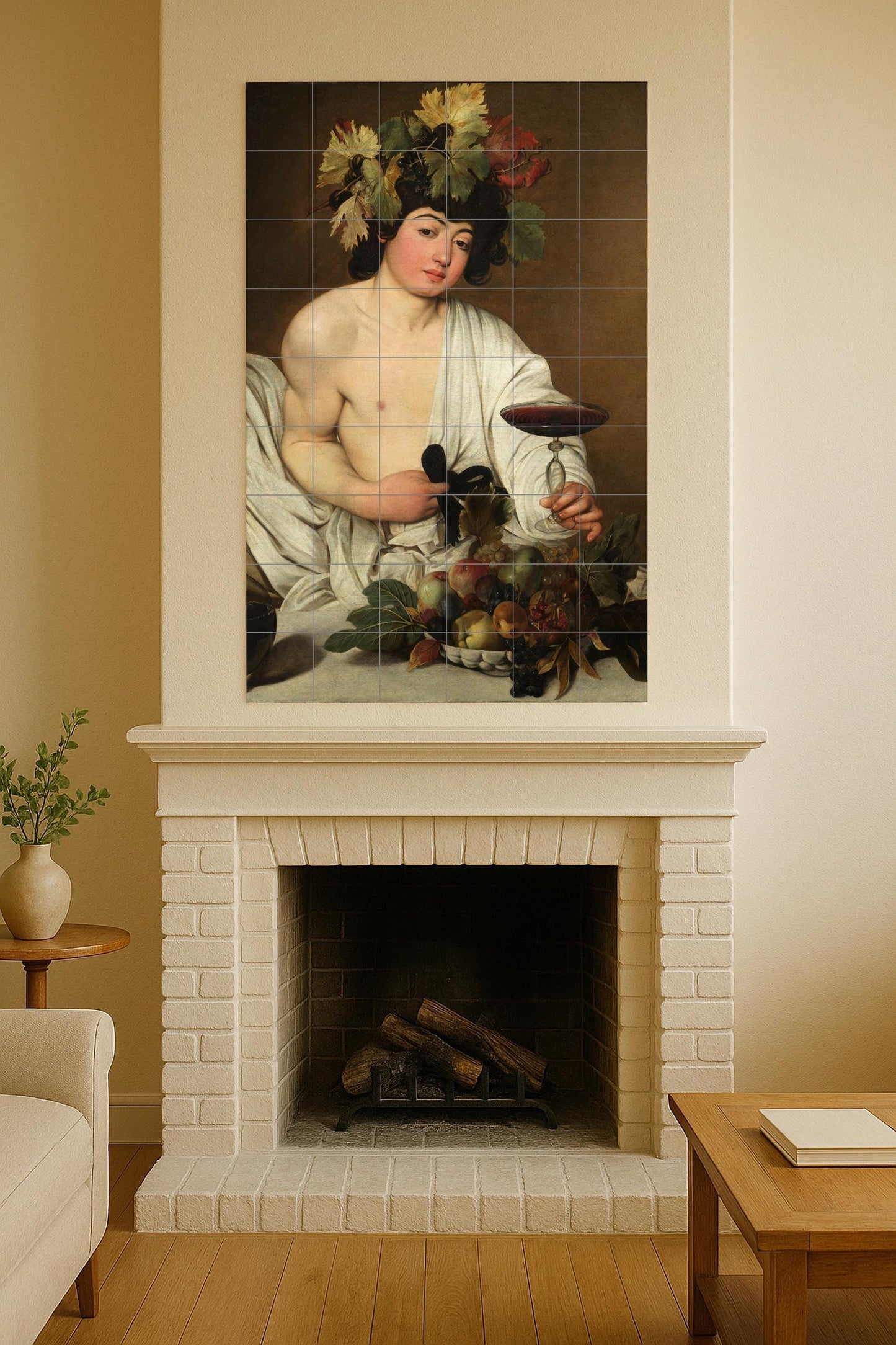 Caravaggio's Bacchus: Classical Renaissance mural on ceramic tiles with a rich composition of fruits and wines.