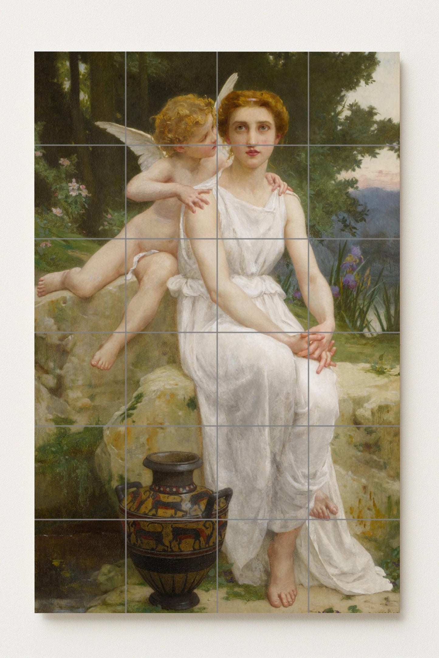 Whispers of innocence and the eternal grace of love: ceramic mural depicting a classic scene of serenity and tender affection.