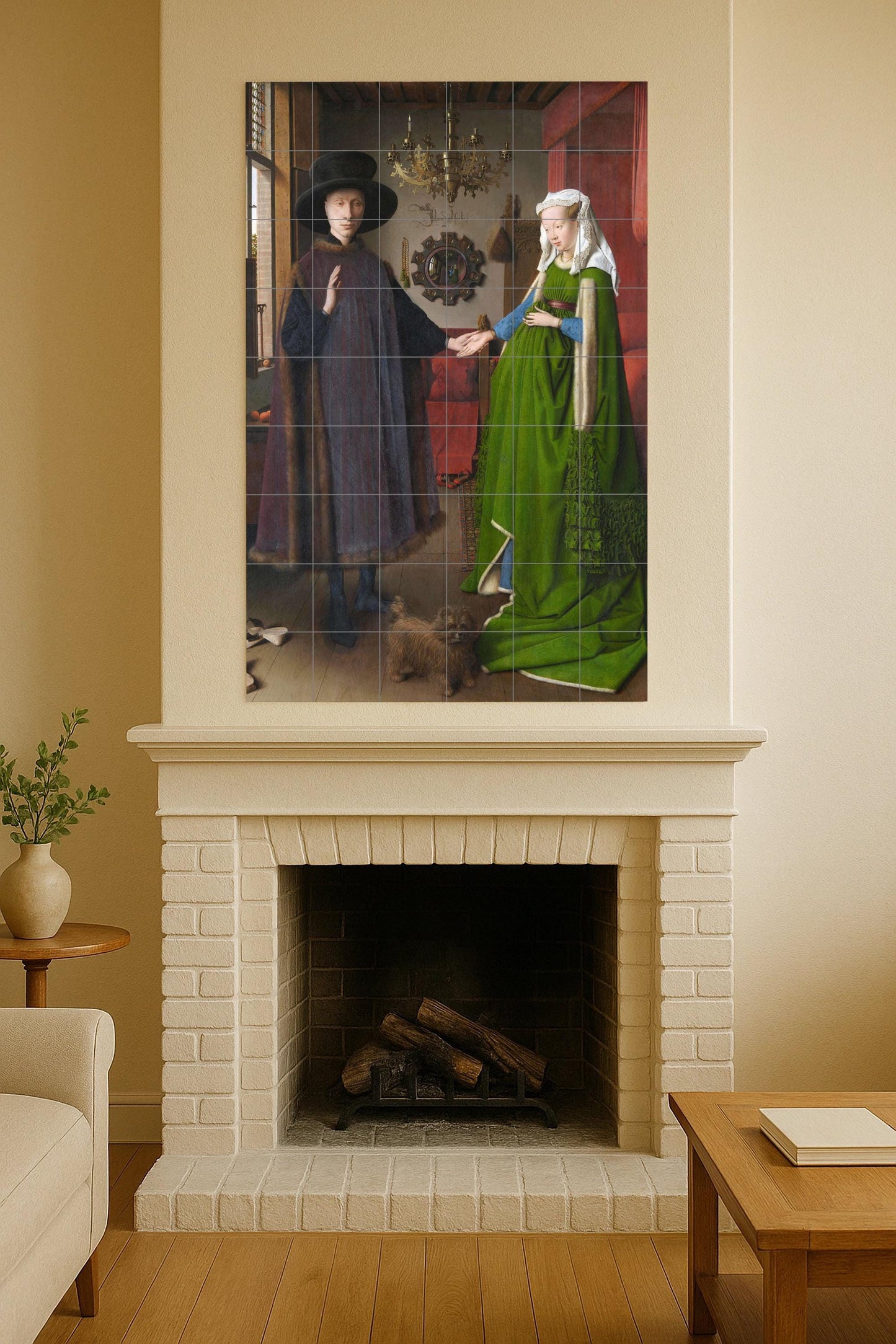 The Arnolfini Portrait by Jan van Eyck: a Renaissance ceramic mural depicting a symbolic marriage scene in exquisite detail.