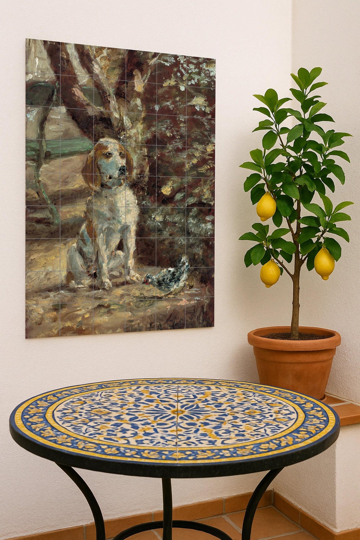 Dog and bird: ceramic mural depicting a peaceful outdoor scene in Impressionist style