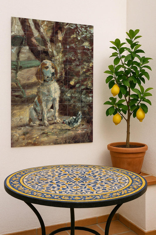 Dog and bird: ceramic mural depicting a peaceful outdoor scene in Impressionist style